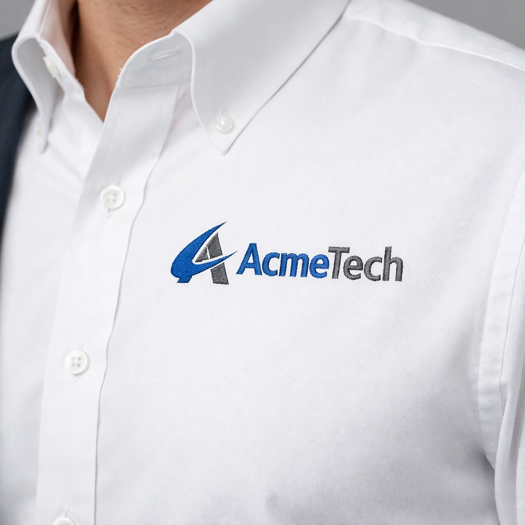 Business professional wearing white shirt with embroidered company logo Chicago IL