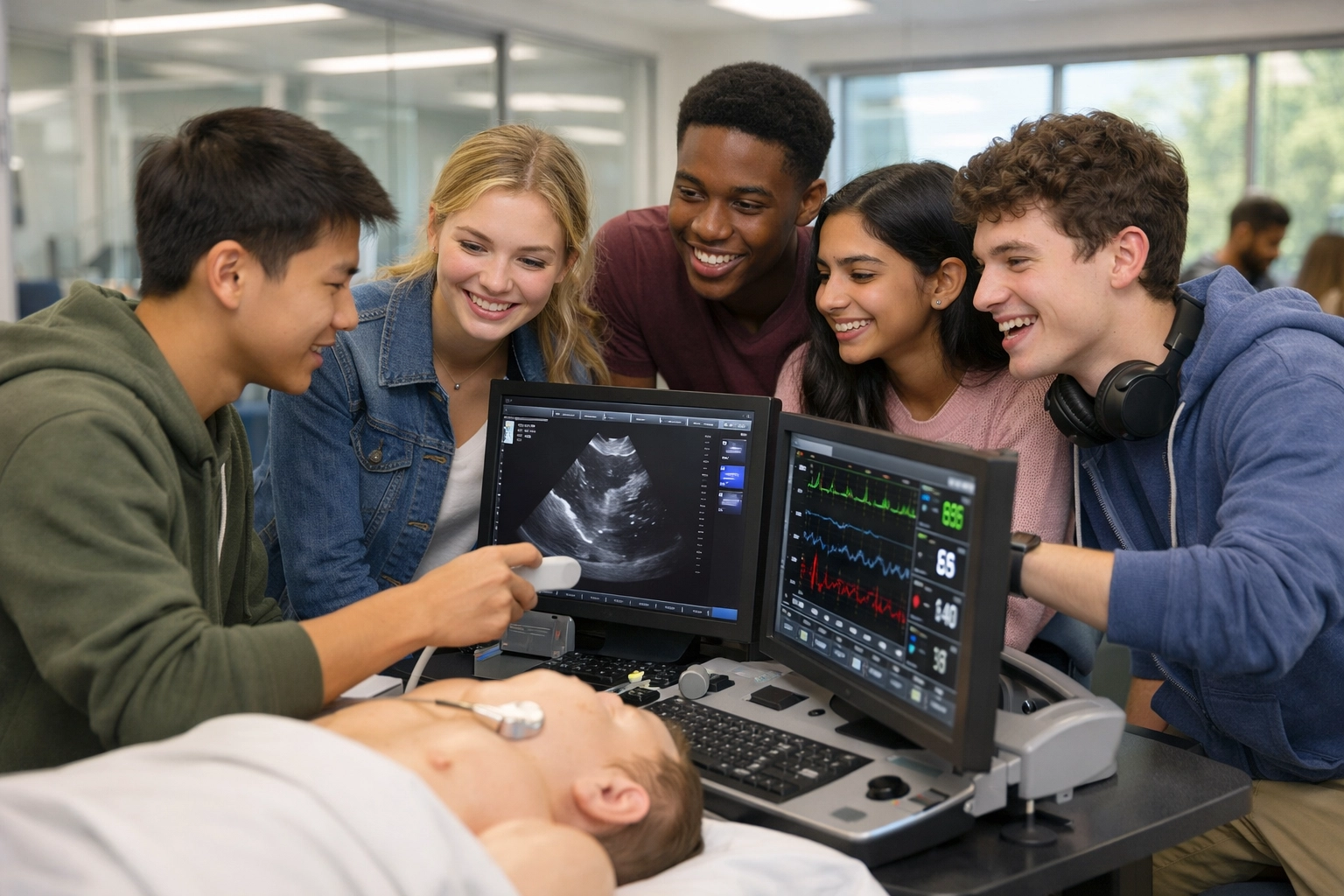 High school students collaborating on a high-tech educational simulation workstation in a modern lab.