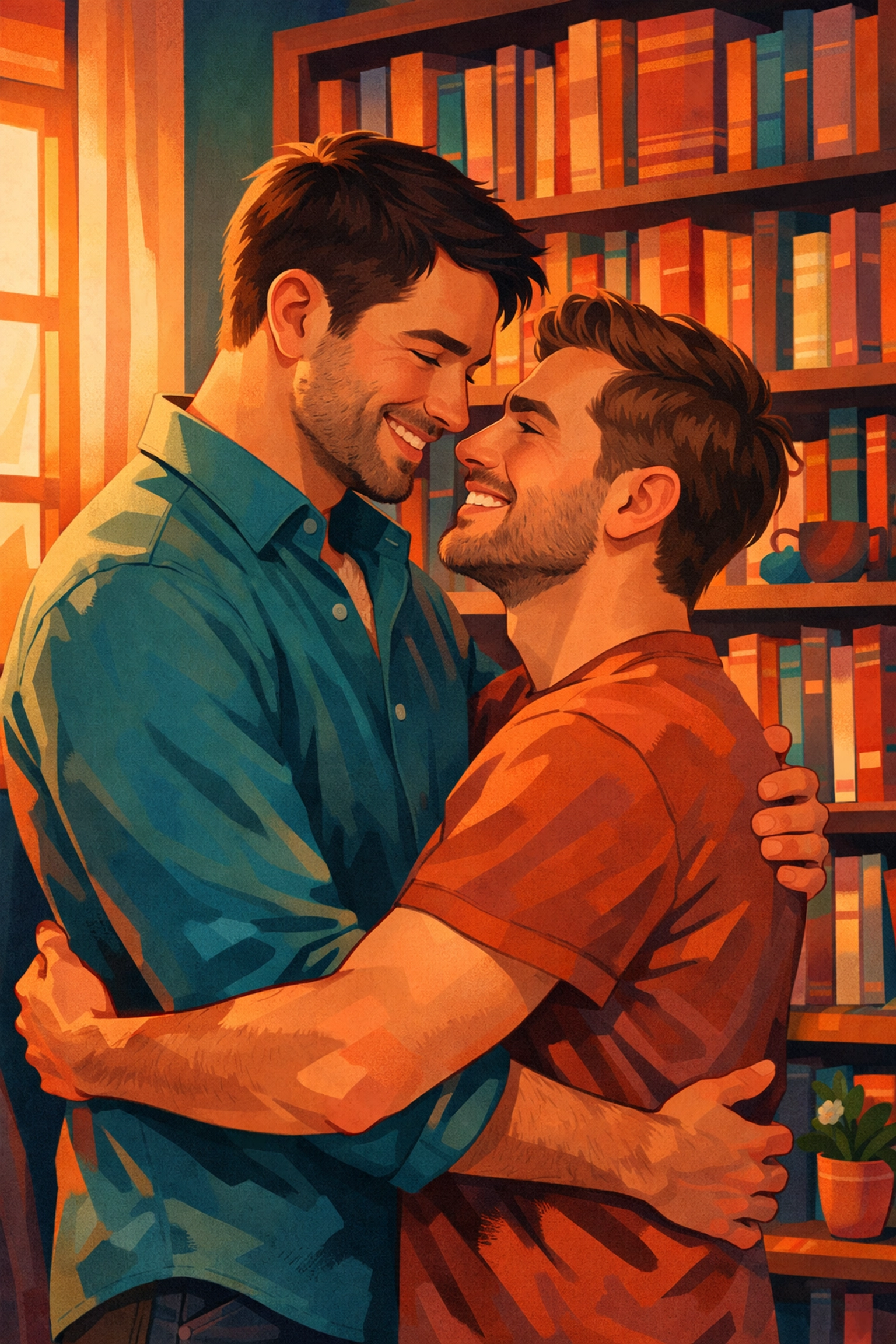 Two men embracing in front of romance novel bookshelf showing connection