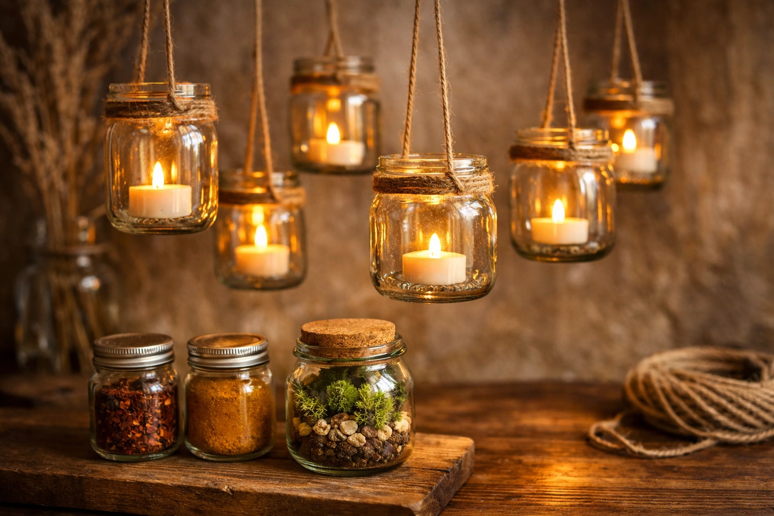 Upcycled glass jars turned into hanging lanterns with string, plus a mini terrarium jar with pebbles and moss on a wooden table