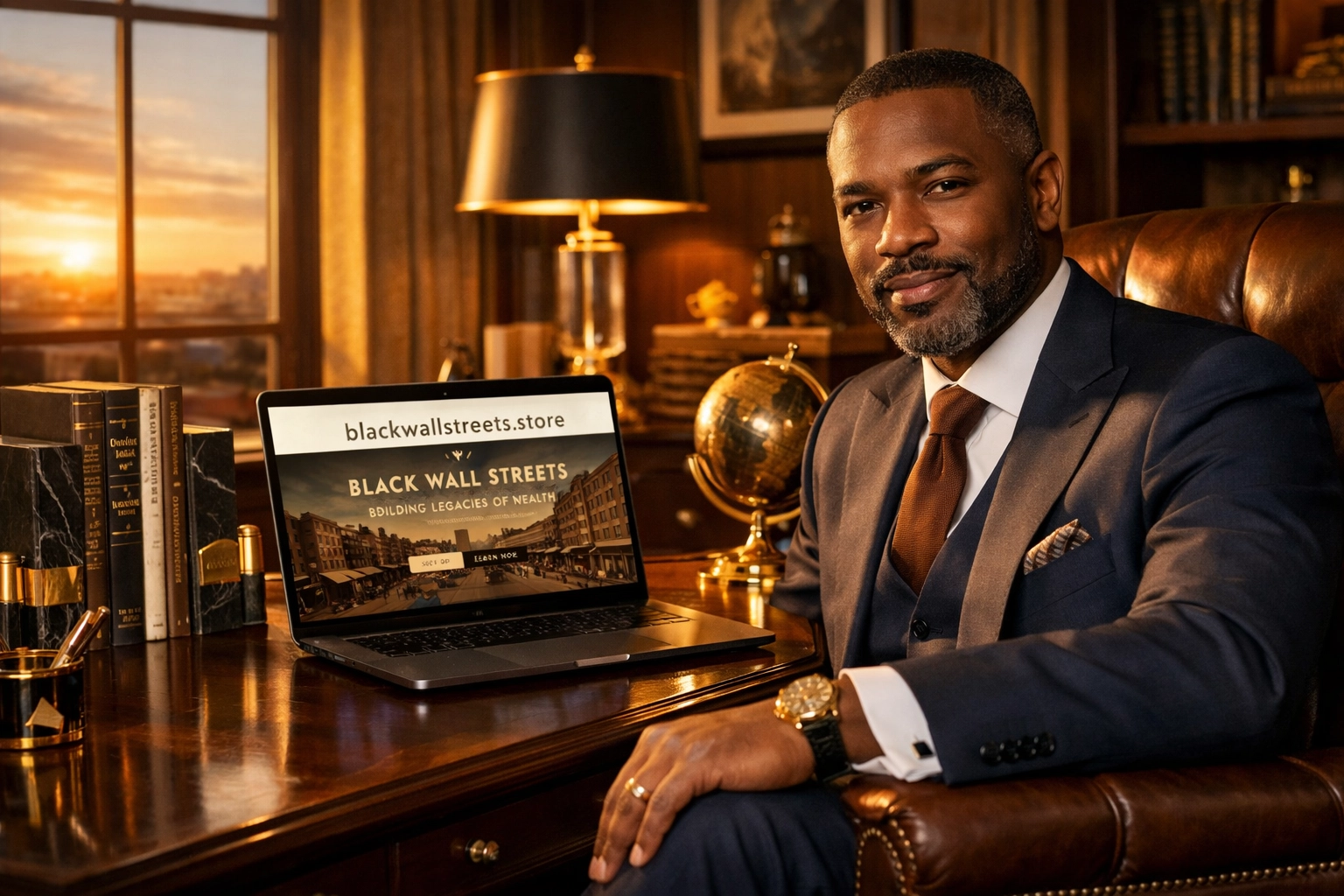 Black entrepreneur in a modern office browsing the Black Wall Streets digital marketplace.