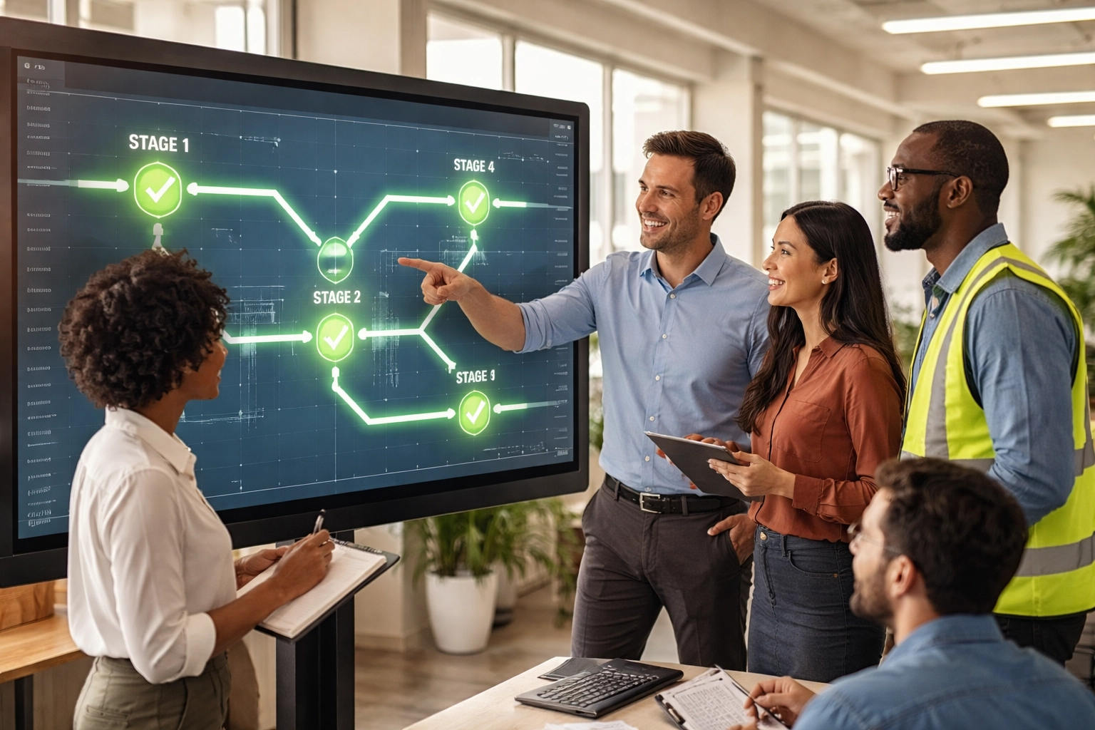 A team of engineers and compliance experts collaborating on AI governance, highlighting operationalizing NIST AI RMF in the workplace.