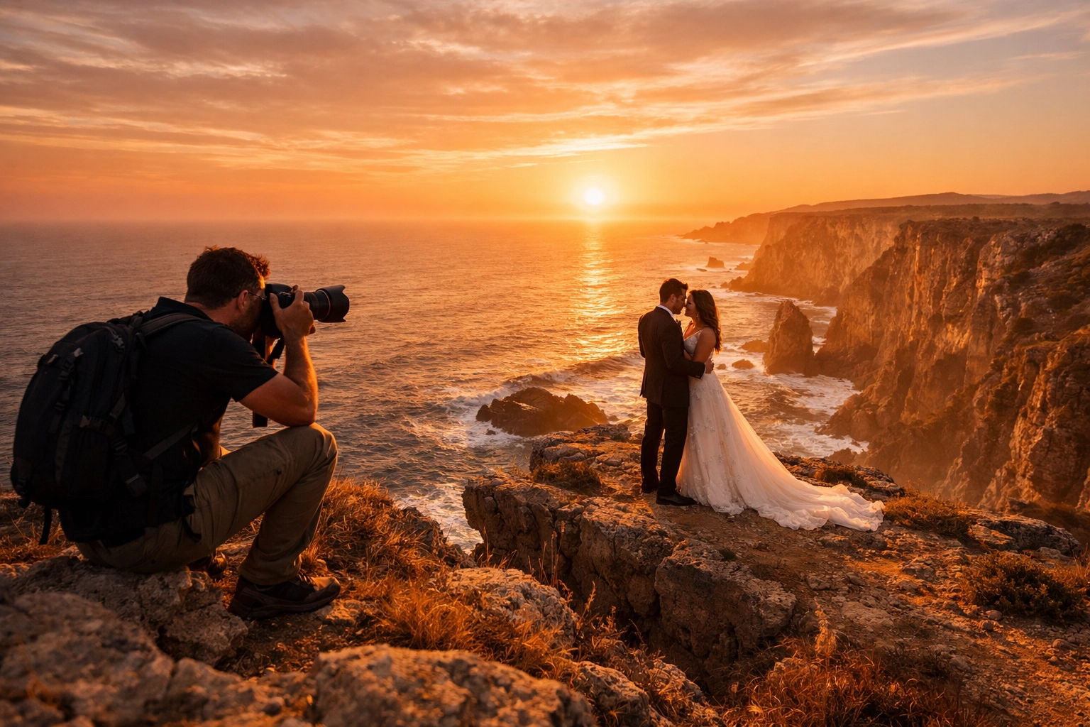 Freelance wedding photographer capturing a couple at sunset on a cliff, showcasing elite travel photography.