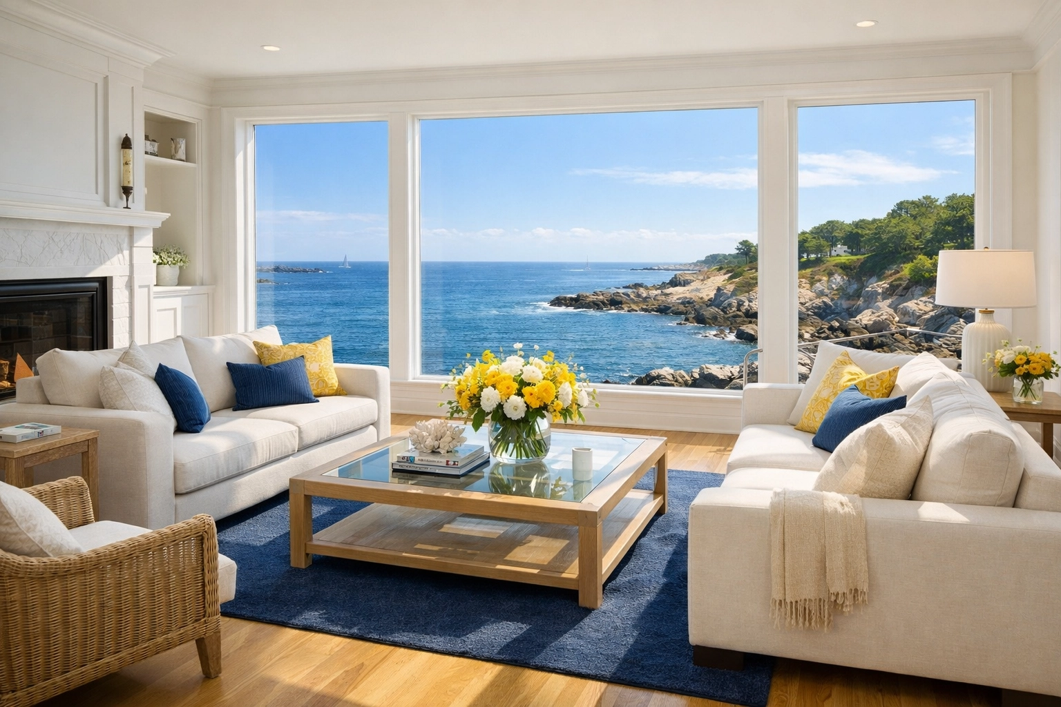 Sun-drenched Marblehead living room with ocean views, featuring the best residential cleaning in Marblehead.