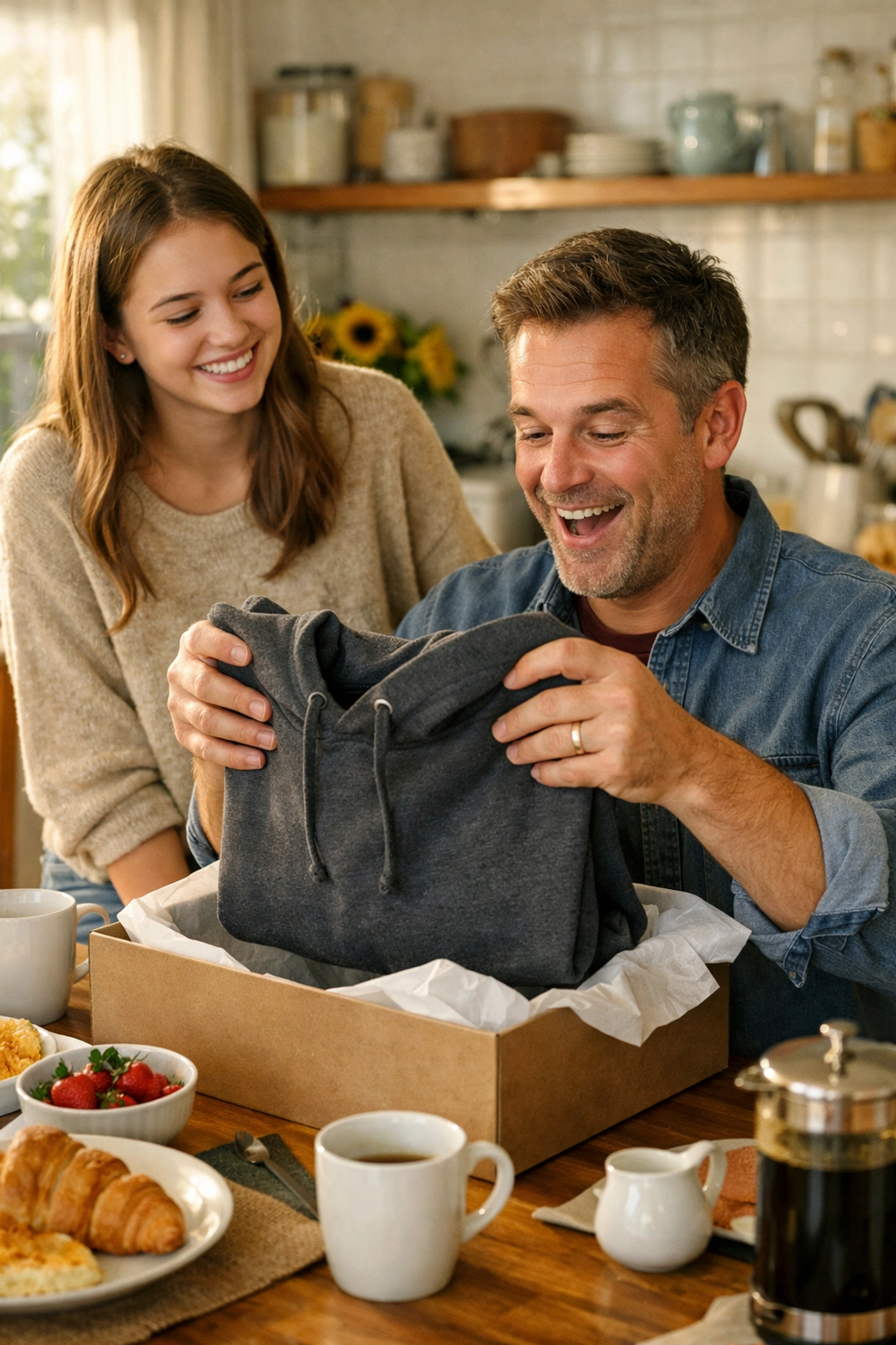 Happy dad opening a Father’s Day gift box containing a premium film-themed hoodie.