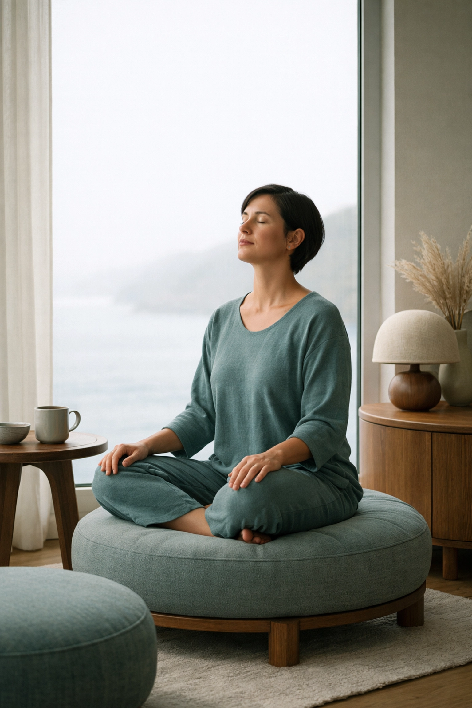 Person taking a deep breath of relief in a calm room, representing LGBTQ+ resilience after Florida's legislative session.