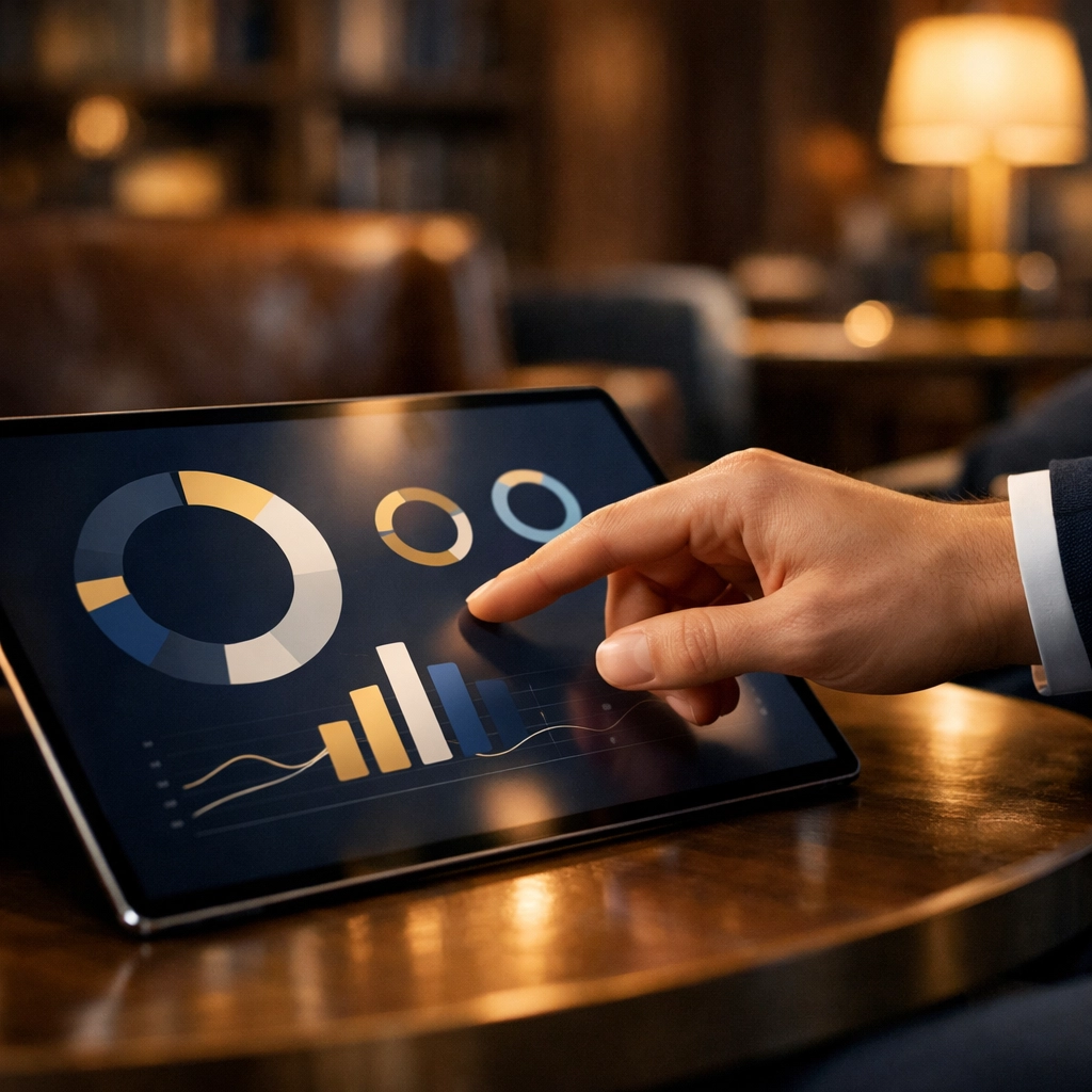 Hand using a tablet to view hotel group analytics and cross-property performance reports.
