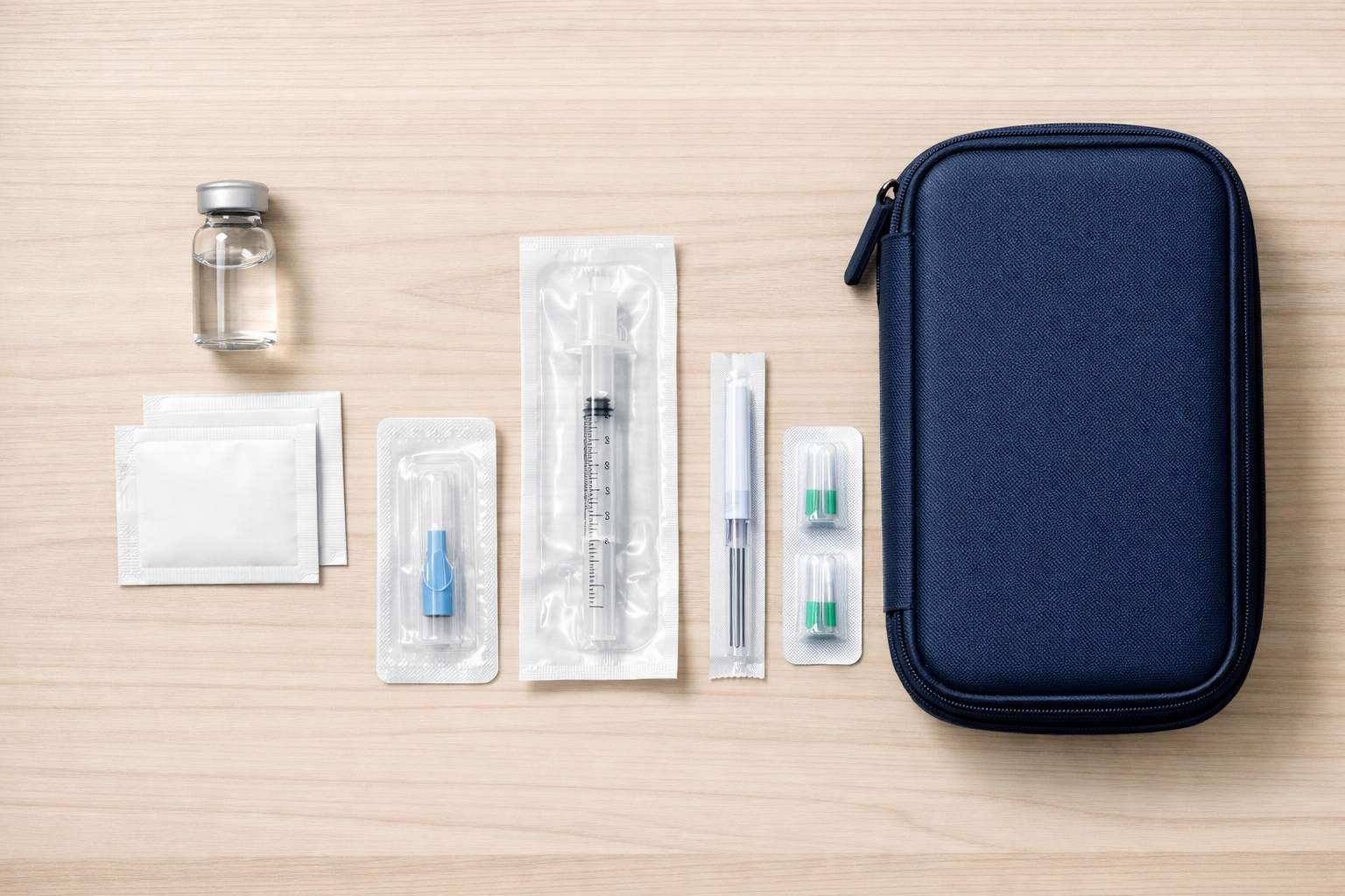 Tirzepatide weight loss kit with medical supplies and insulated travel case for safe home delivery.