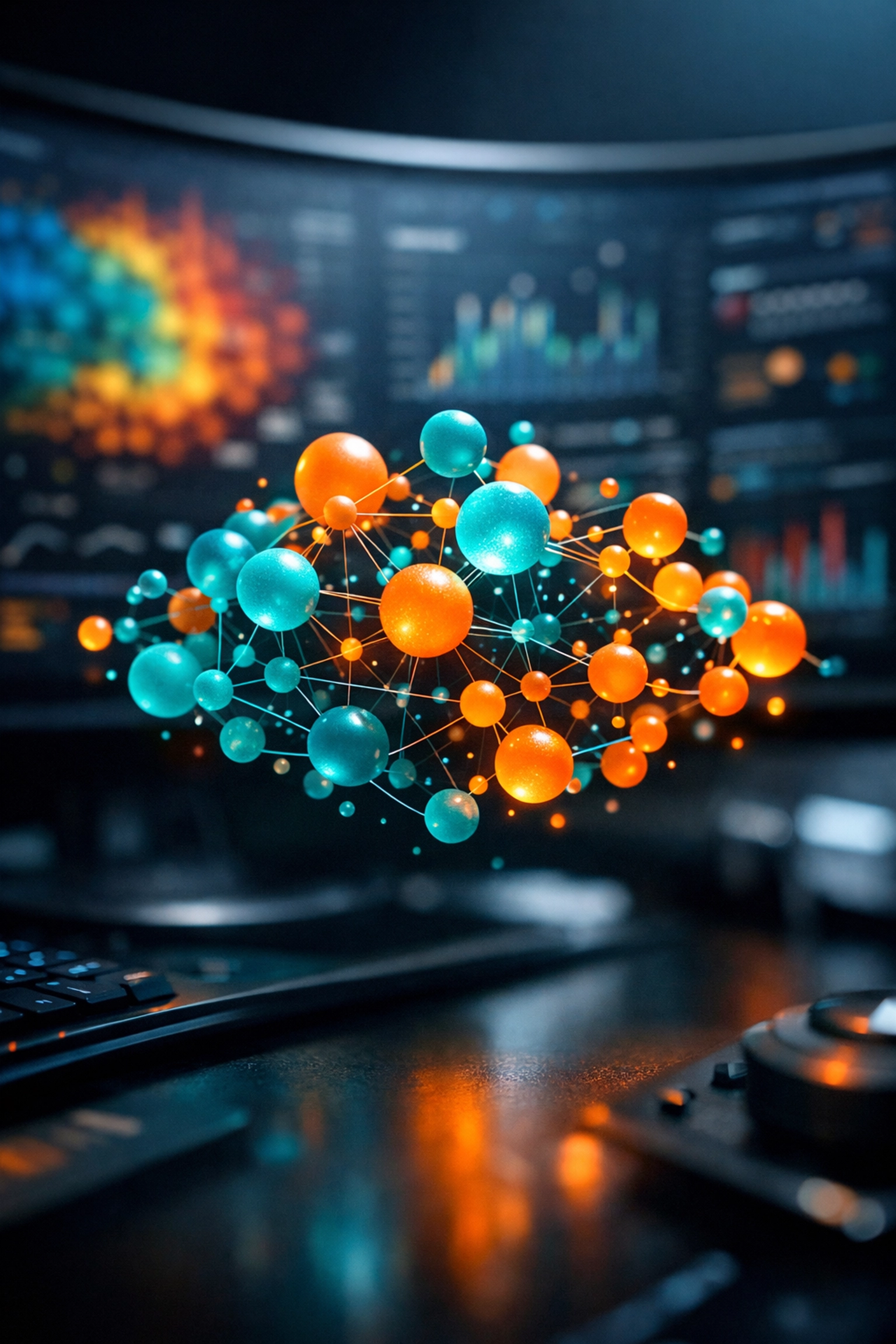 Visual representation of AI-driven keyword clusters and semantic SEO data analytics on a modern monitor.
