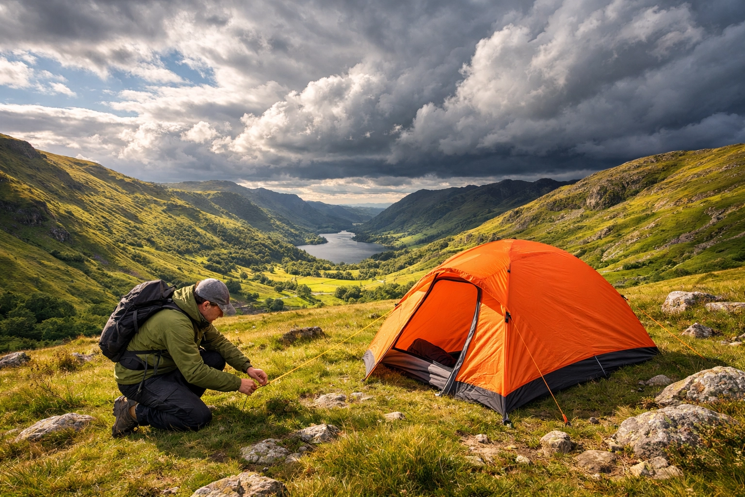 Orange tent pitched on Lake District hillside with changing weather during wild camping UK