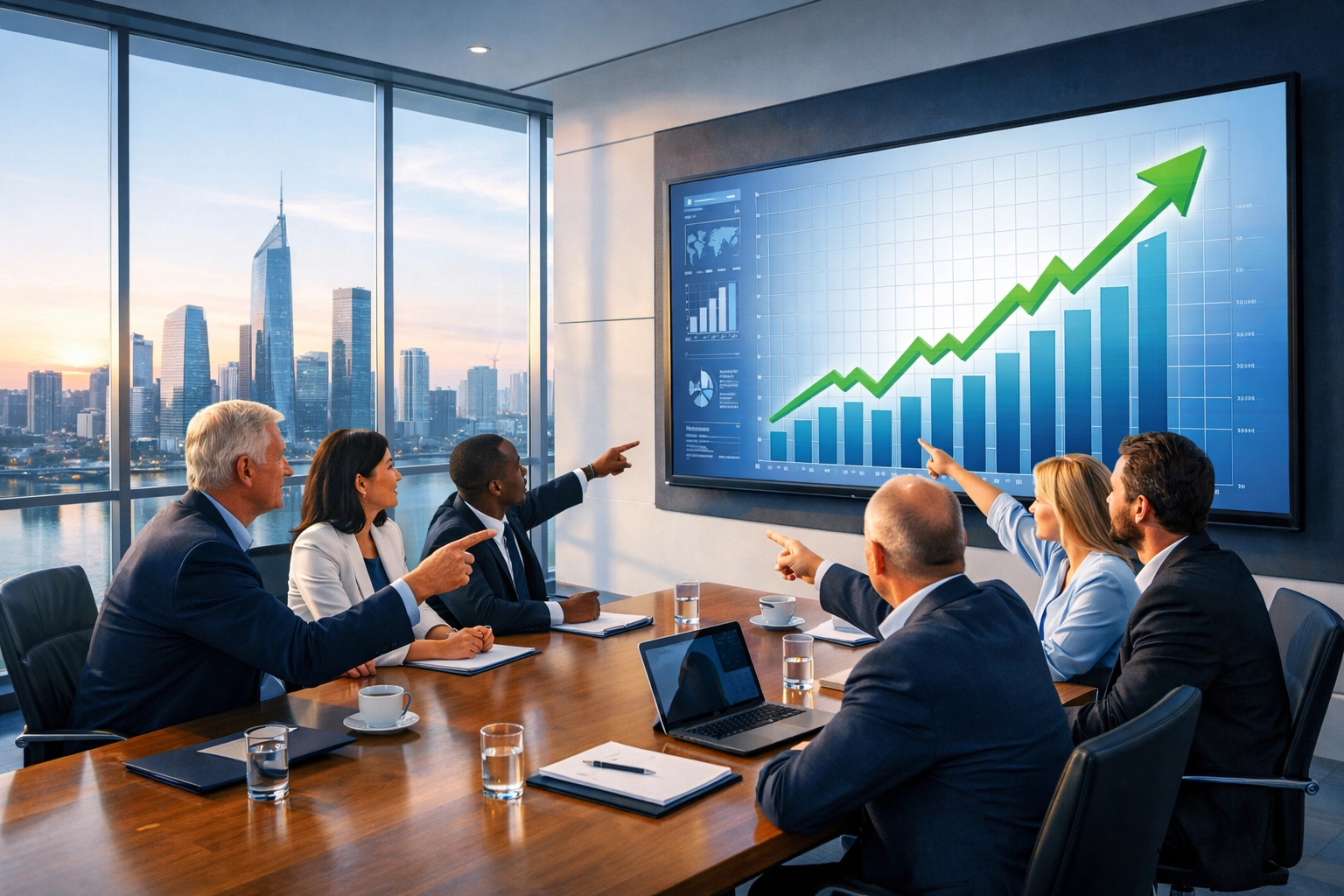 Business team reviewing positive growth charts supported by professional managed WordPress hosting solutions.