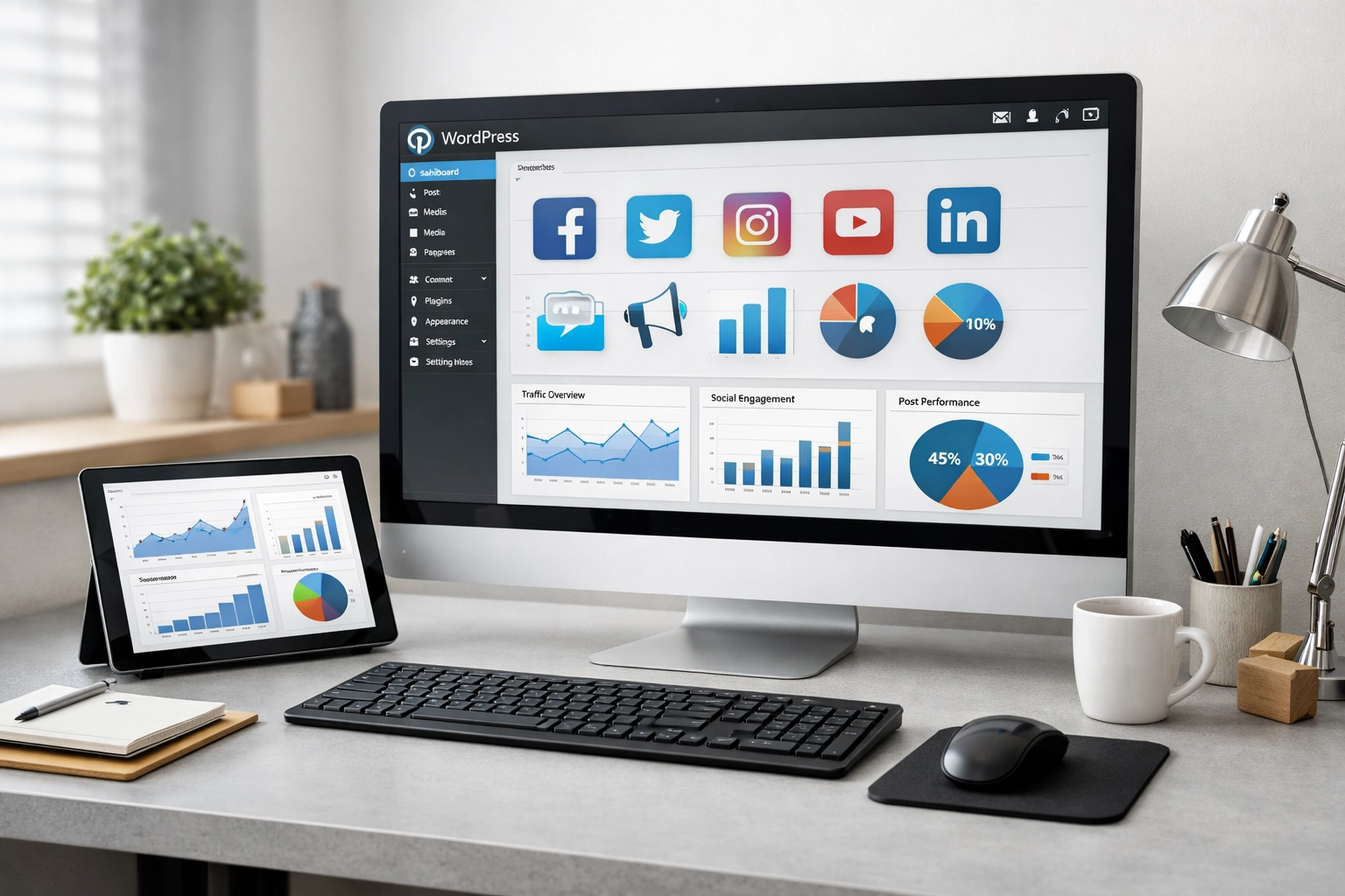 A modern workspace showing a WordPress dashboard with social media marketing automation plugins.