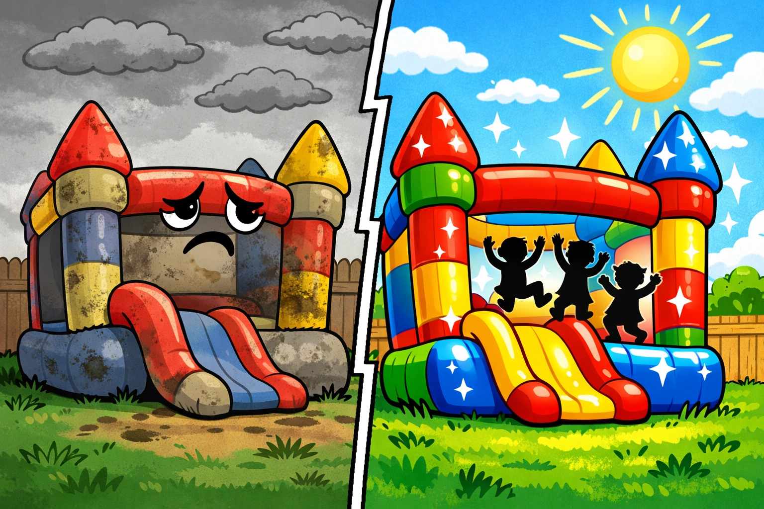 Comparison of dirty cheap bounce house rental versus professionally cleaned bounce house
