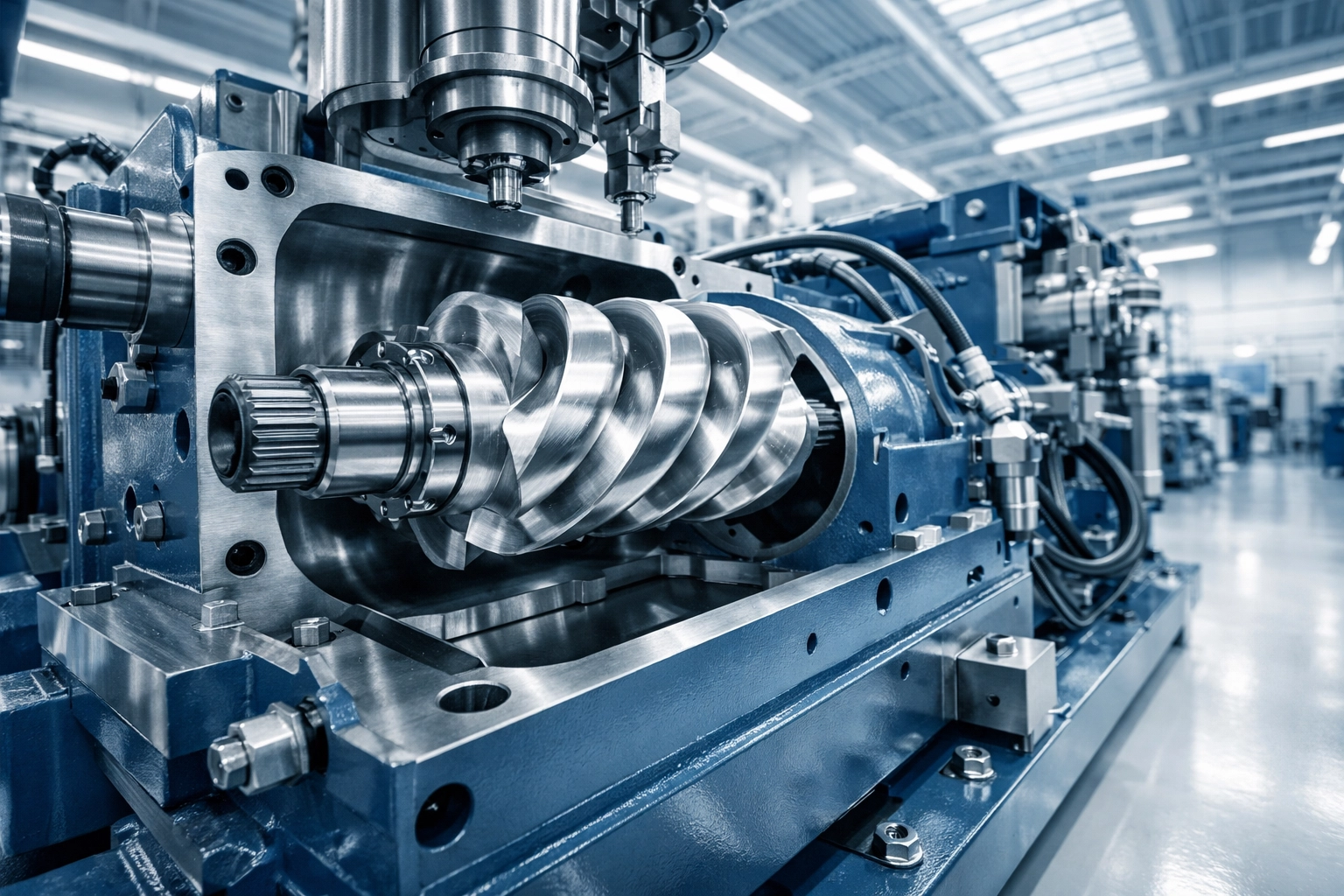 Precision assembly of a screw air end for a high-performance ISO 9001 air compressor.