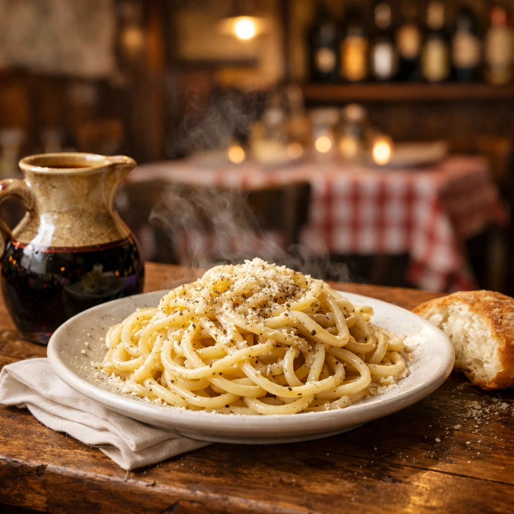 Steaming plate of Cacio e Pepe pasta at a local trattoria, illustrating high-quality Rome dining on a budget.