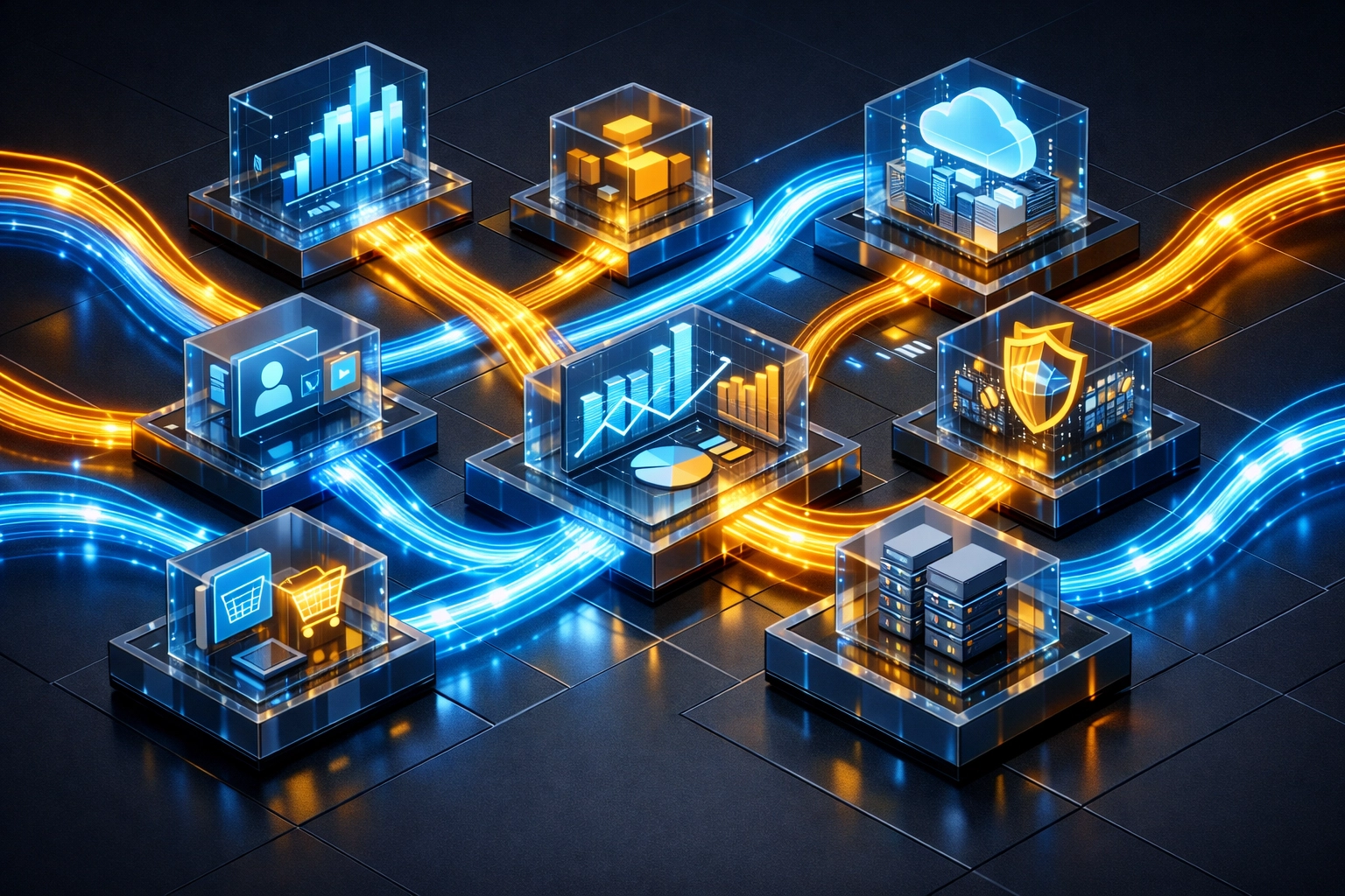 Interconnected digital modules representing seamless ai integration services and automated workflows.