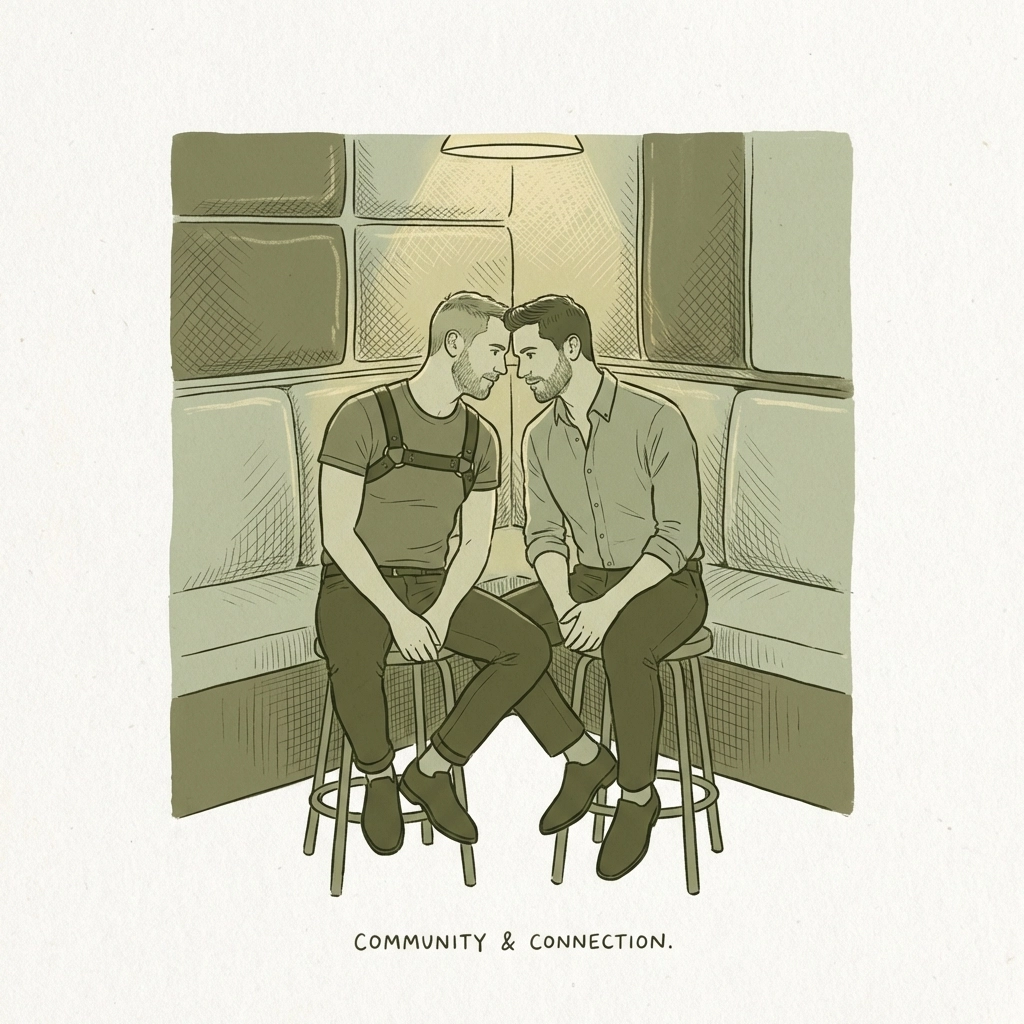 Gay men in deep conversation at leather fetish party, showing emotional intimacy and community acceptance