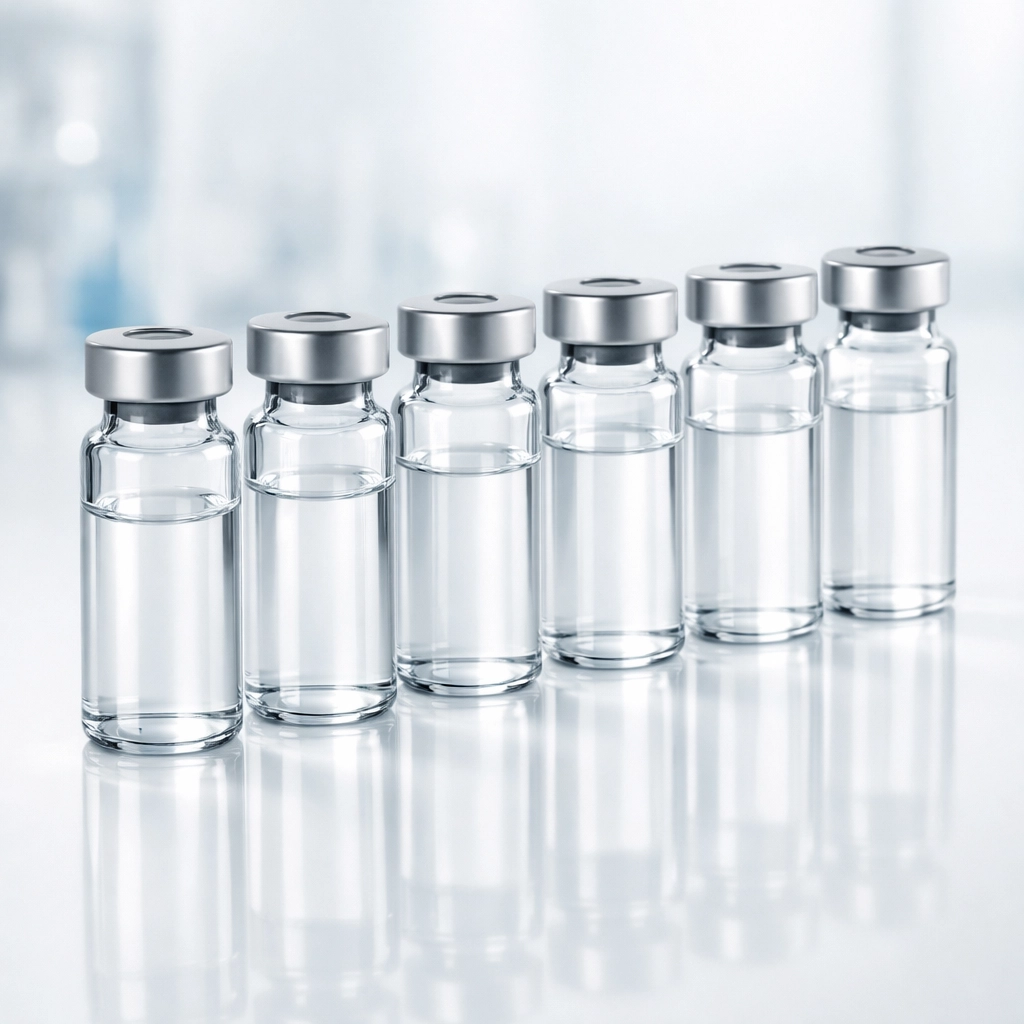 Clear research peptide vials in a clinical lab setting for GLP-1 weight loss studies.