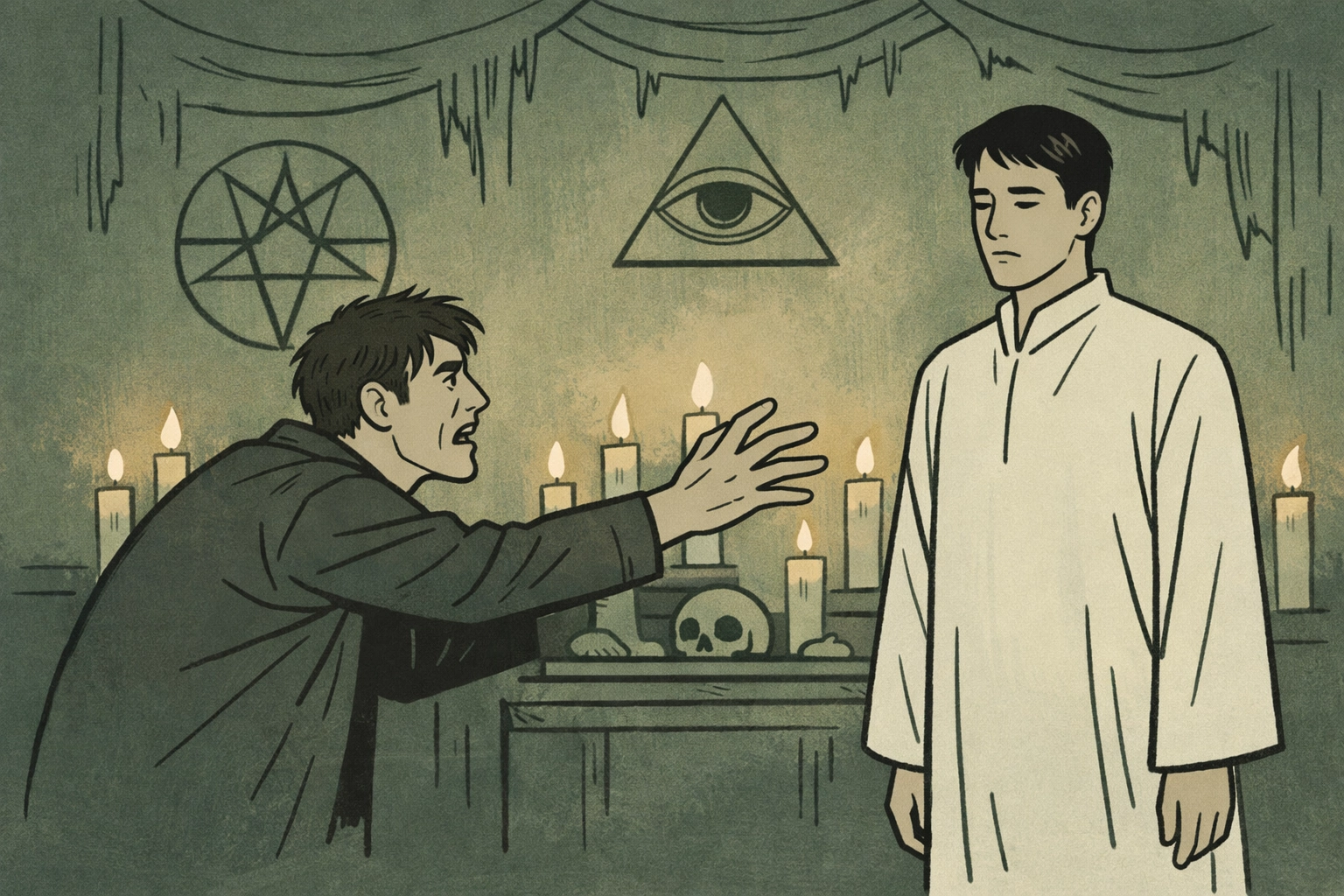 Brainwashed boyfriend in cult robes faces desperate partner in gay psychological thriller