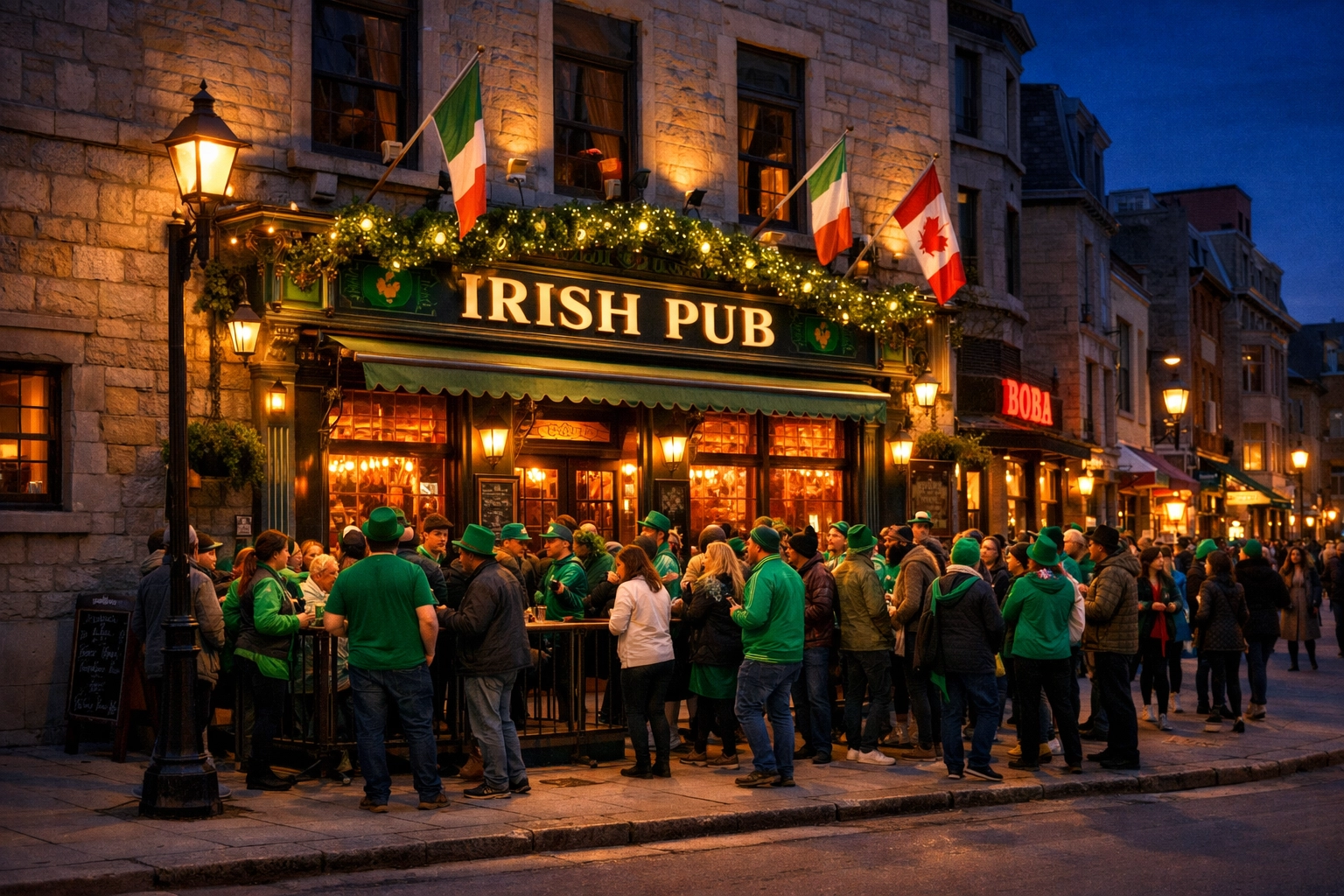 Festive crowds gather outside an Irish pub in downtown Montreal after the St. Patrick’s Parade.