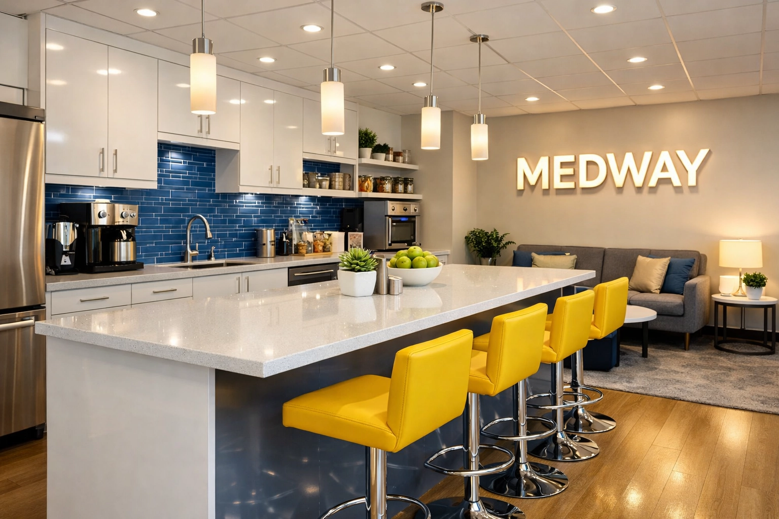 Sparkling clean office breakroom in Medway providing a revitalized and professional retreat for employees.