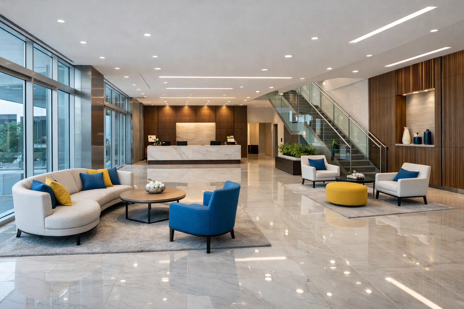 Pristine corporate lobby with gleaming floors, showcasing expert commercial cleaning Worcester MA.