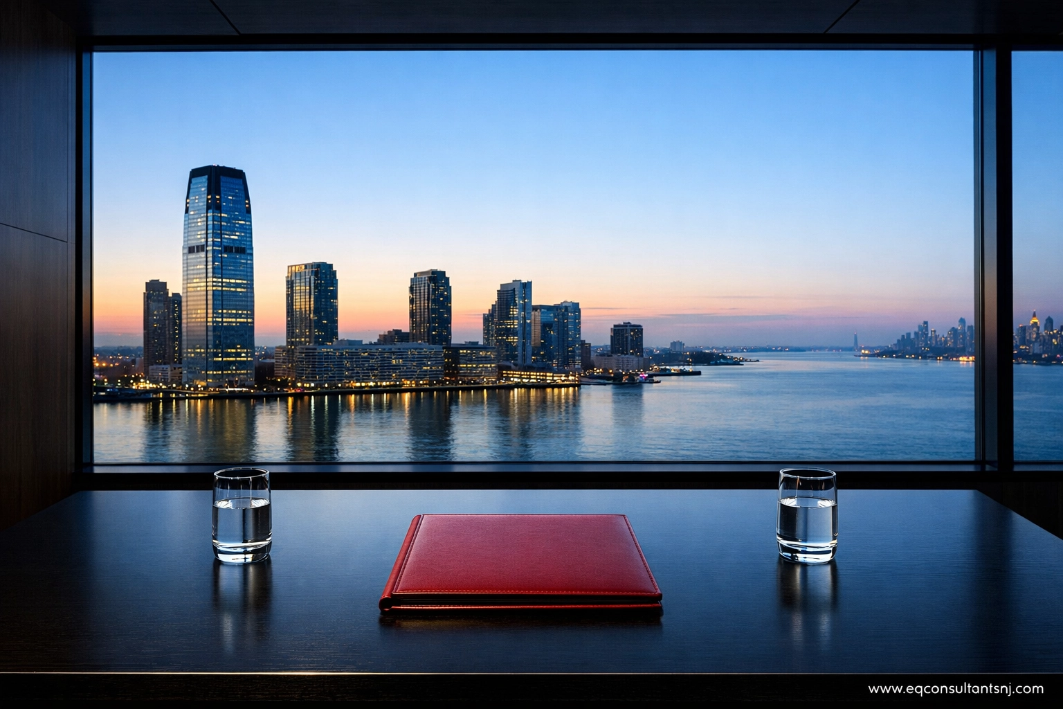 Executive suite with a Jersey City view, symbolizing strategic growth with a fractional CFO in New Jersey.