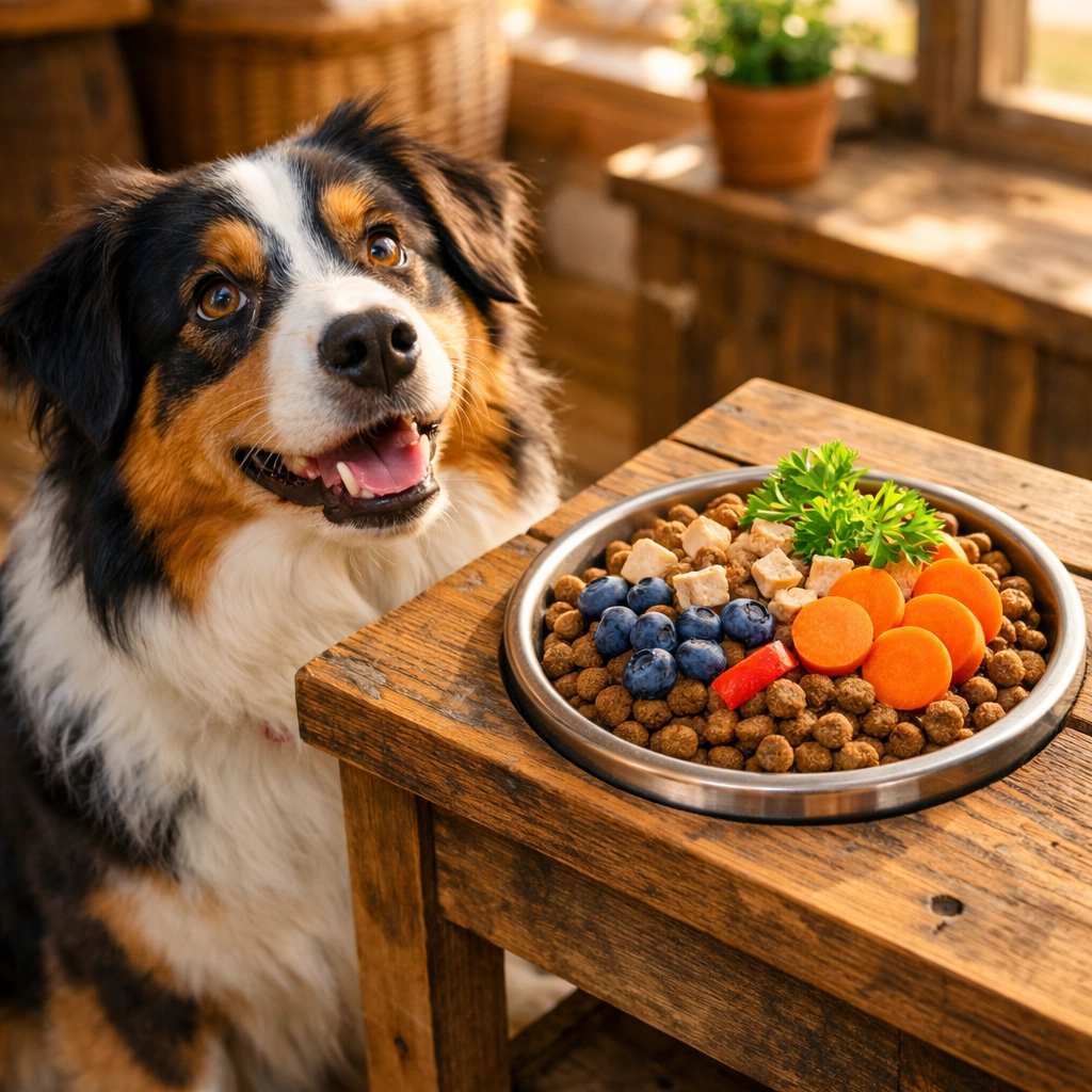 Australian Shepherd with holistic farm-fresh dog food in a Boring, Oregon kitchen.