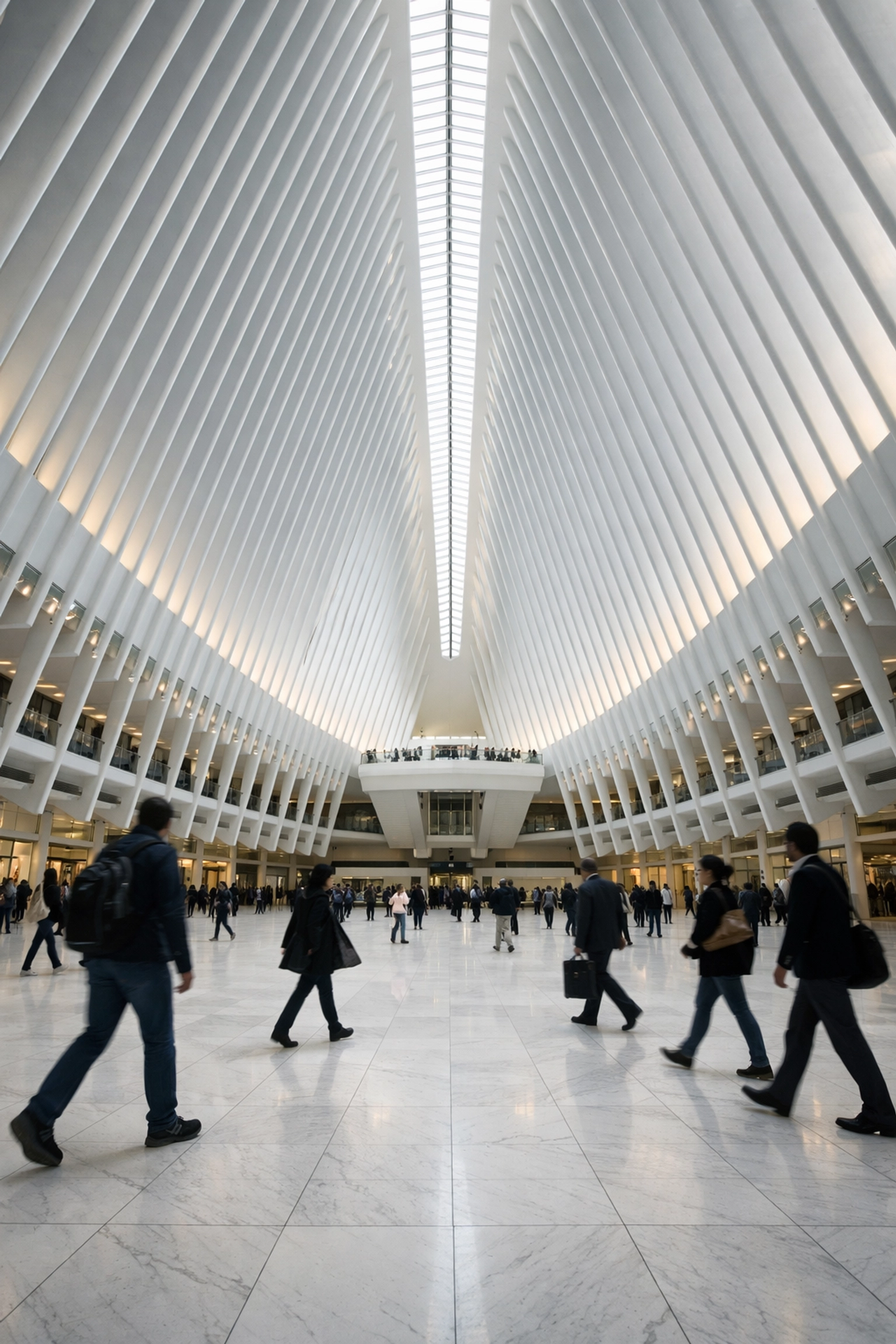 Clean architectural lines inside the Oculus, a unique location for NYC photo spots in Lower Manhattan.