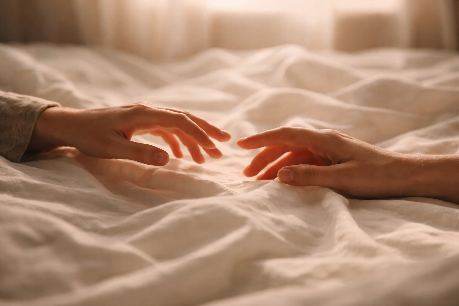 Két kéz közel egymáshoz az ágyban, reményt és kapcsolatot sugallva merevedési zavar után.