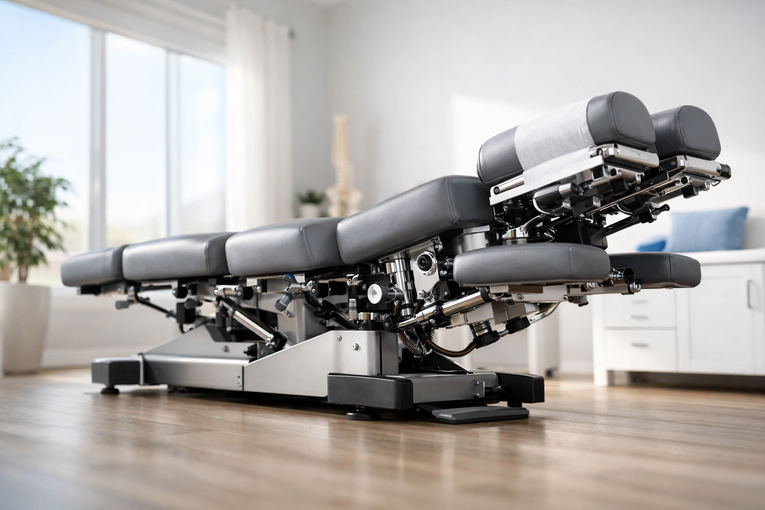 Modern chiropractic treatment room with adjustment table and natural lighting