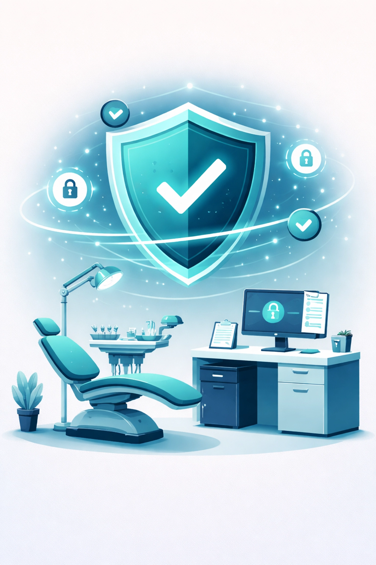 Digital shield over dental chair and computer illustrates secure, compliant dental IT solutions