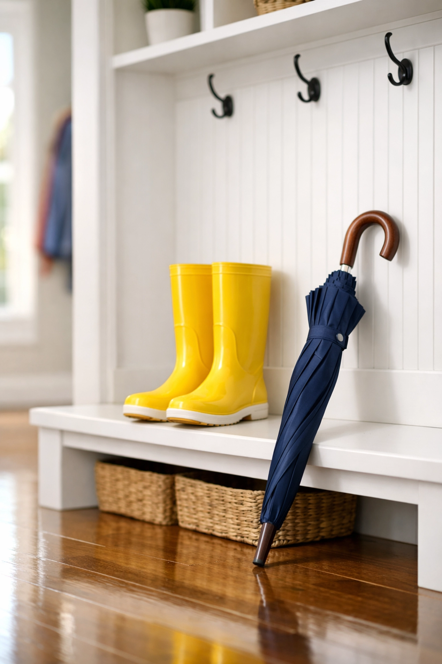 Polished hardwood floors in a clean Shrewsbury mudroom after a tailored residential house cleaning service.