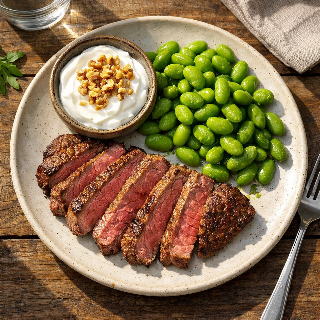 Nutrient-dense meal with steak and Greek yogurt, providing leucine for muscle protein synthesis.