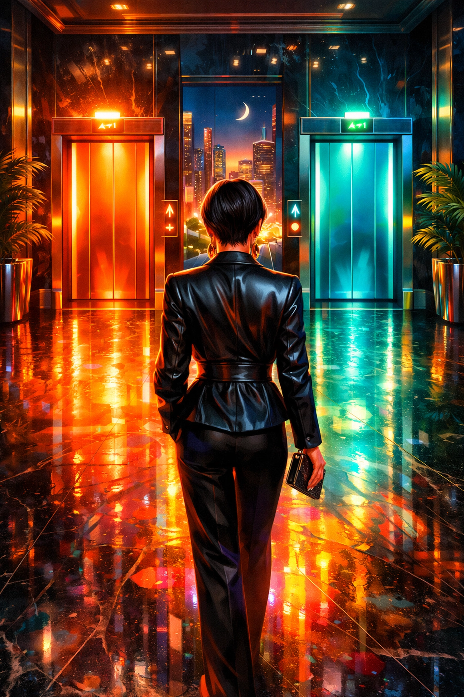 A person in a sleek lobby choosing between romantic and professional elevators in an office building.