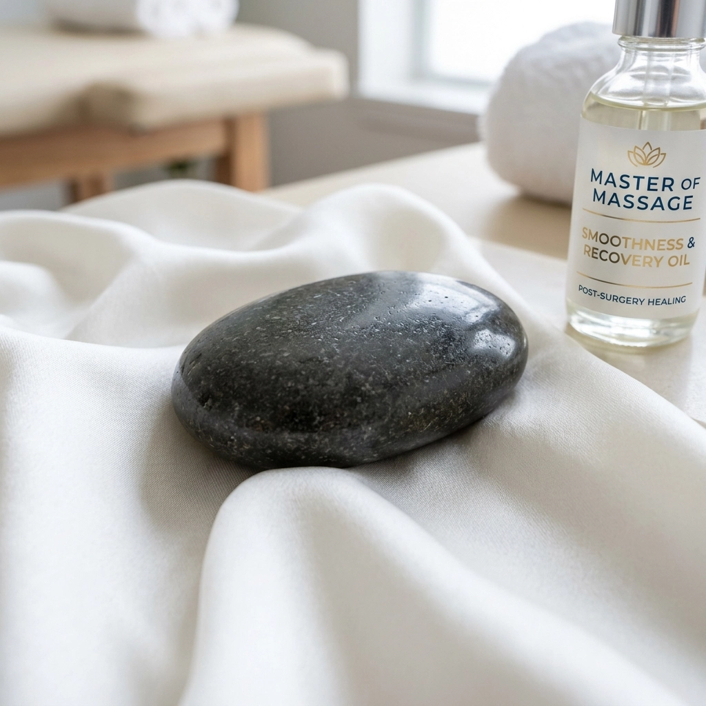 A smooth river stone on silk, symbolizing the goal of smooth skin and the elimination of fibrosis after surgery.