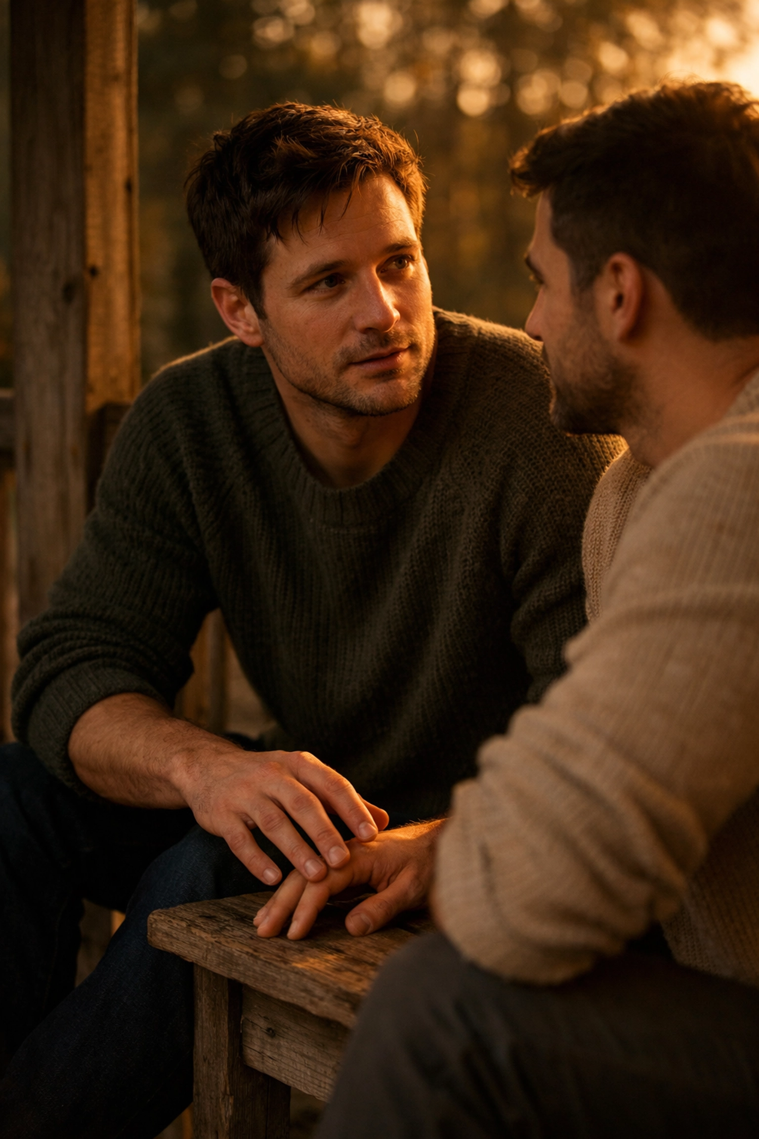 Adult men experiencing a quiet moment of emotional discovery in a bisexual awakening MM romance.