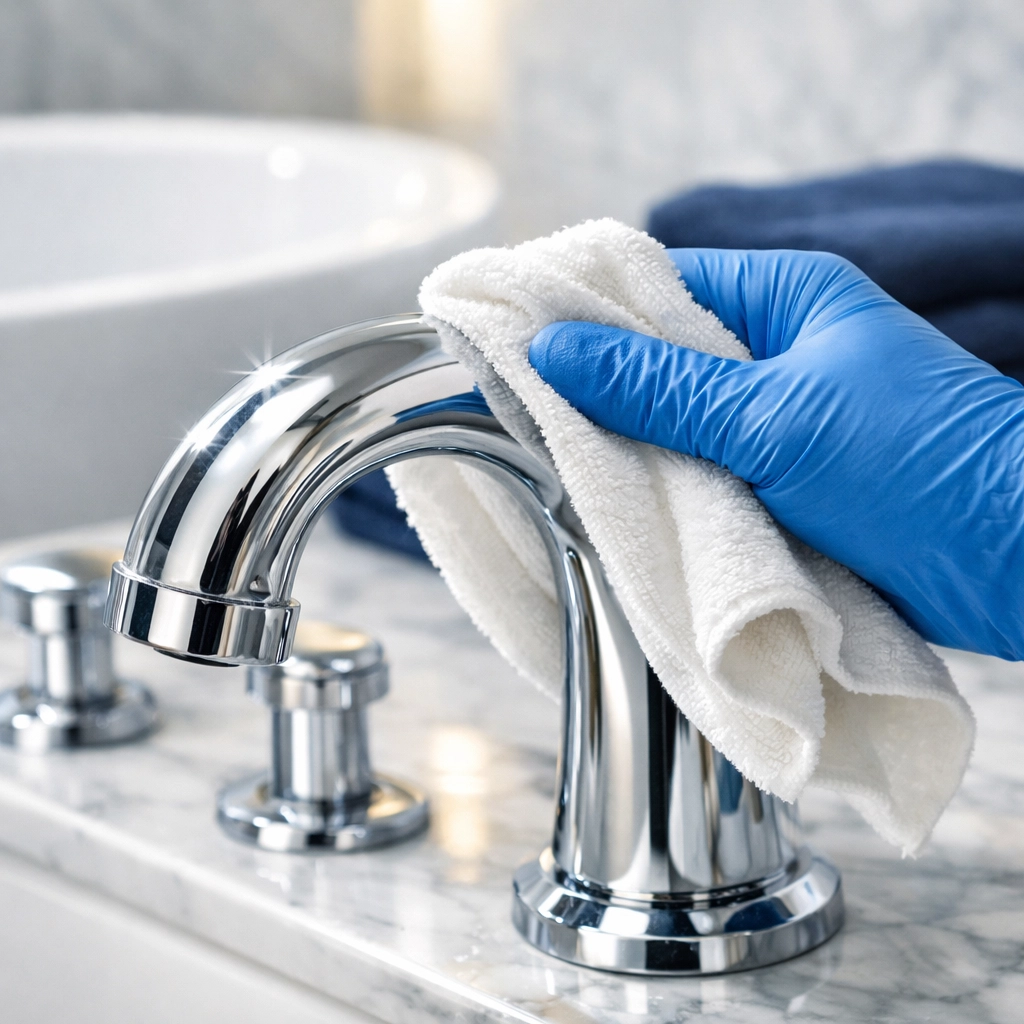 Detailed polishing of a bathroom fixture during an elite luxury house cleaning Natick MA session.