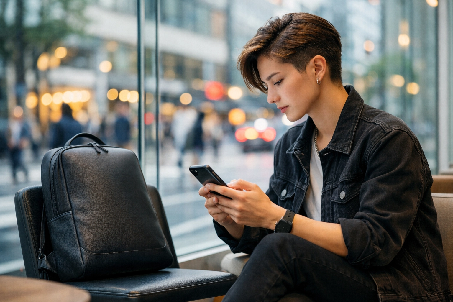 A creative professional using a smartphone next to a minimalist backpack in a modern city cafe.