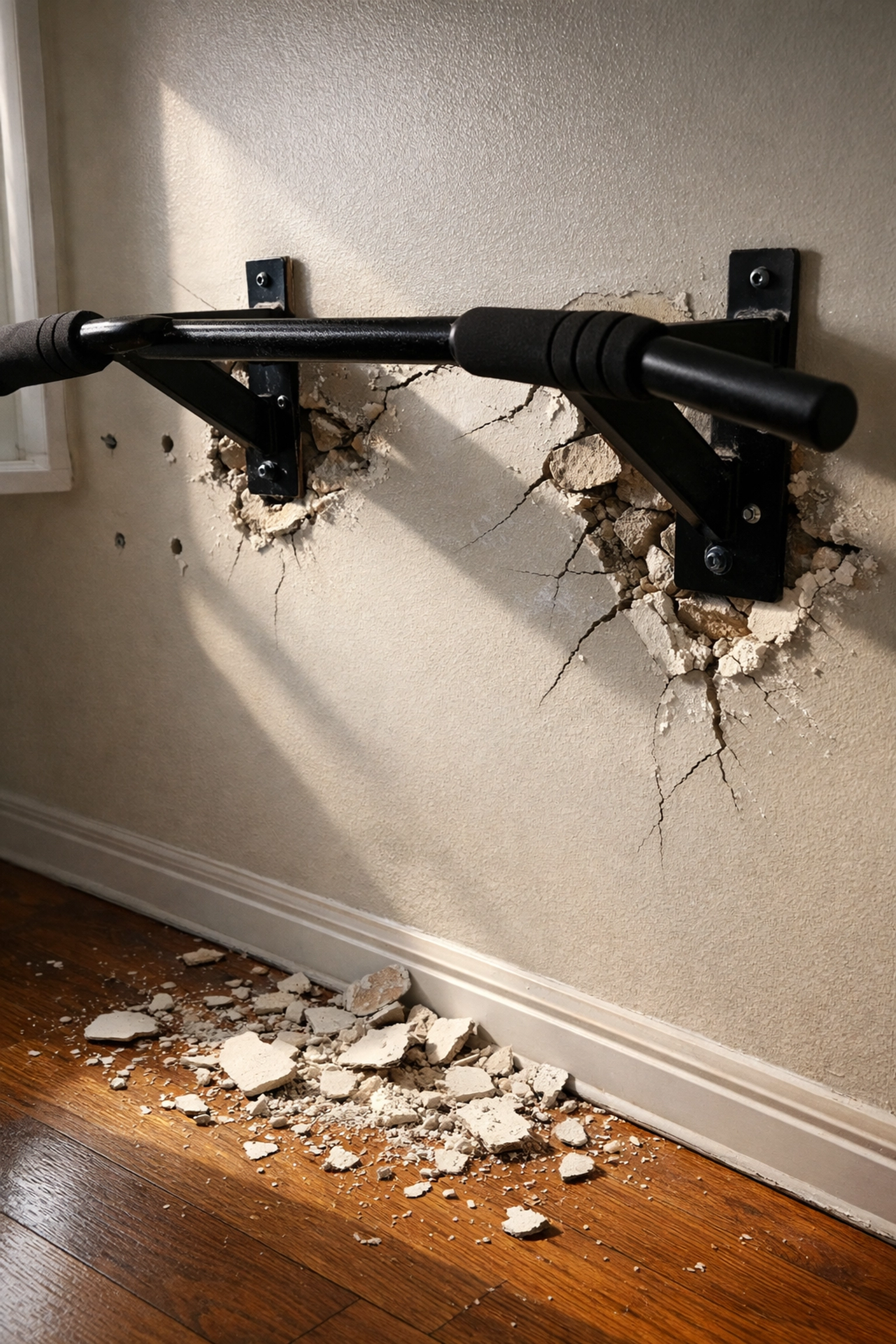 Damaged wall with holes and cracks from traditional wall-mounted pull-up bar installation