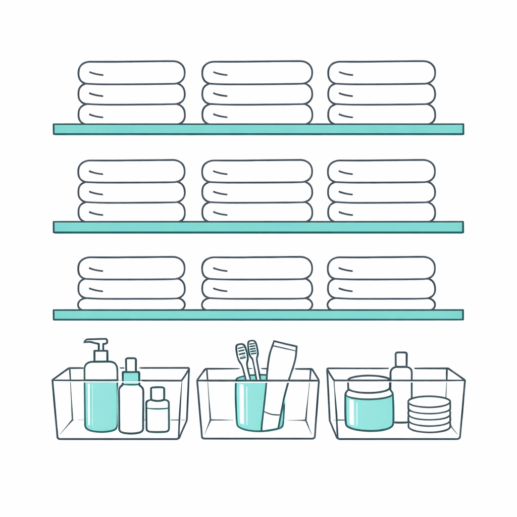 Efficient bathroom storage design with floating shelves and clear organizer bins.