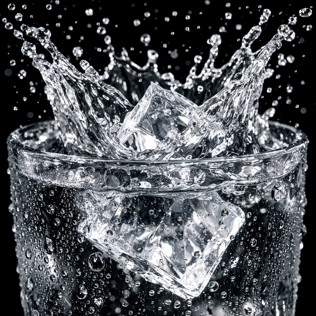 Cold glass of ice water with a splash, highlighting a healthy morning routine for busy fathers.