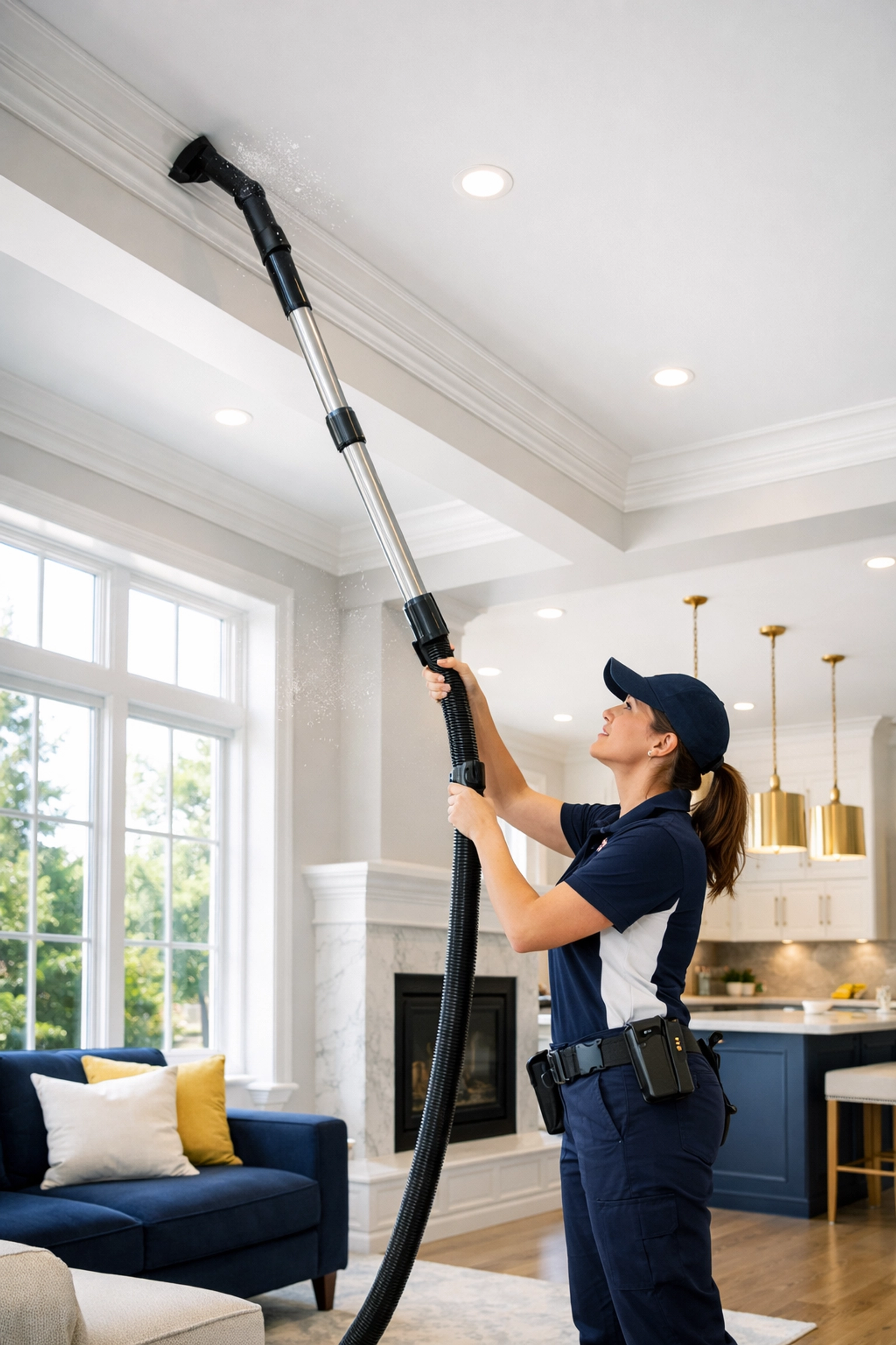 Professional removing drywall dust from crown molding during post construction cleaning in Bedford.