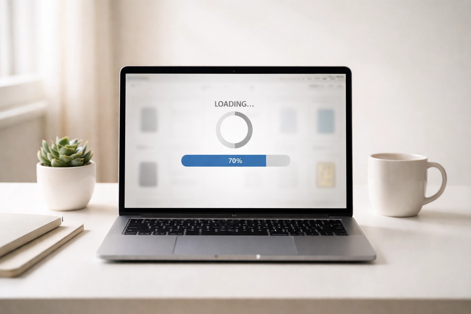 Laptop showing slow-loading Shopify store with progress bar stuck, illustrating app bloat performance tax
