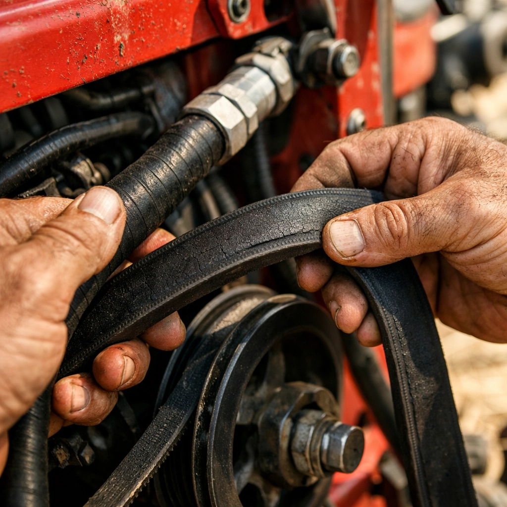Farmer inspecting tractor hydraulic hoses and belts during spring maintenance in Florida
