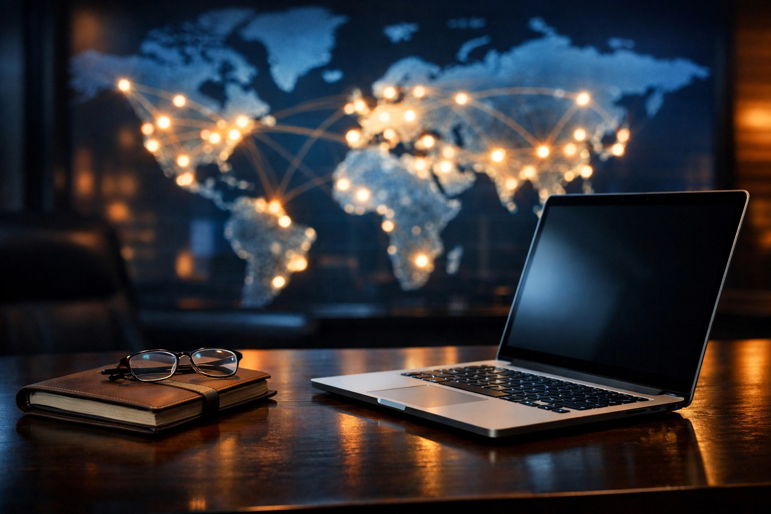 Executive workspace highlighting global reach and international media publishing network connections.