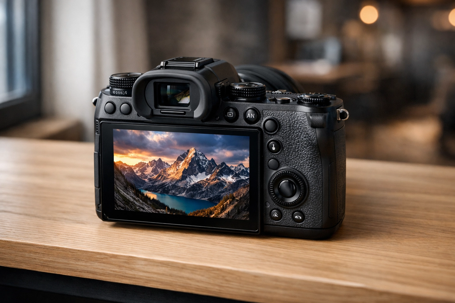 A modern mirrorless camera with a large LCD screen on a wooden desk, ideal for photography for beginners.