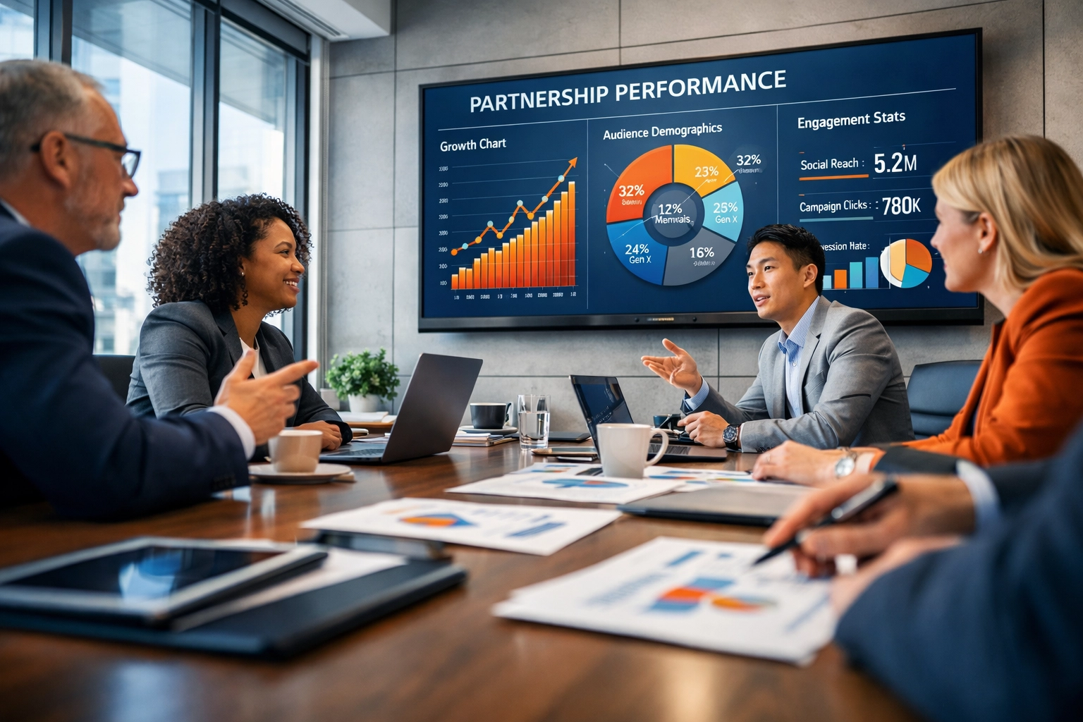 Brand partnership strategy meeting with team analyzing performance metrics and engagement data
