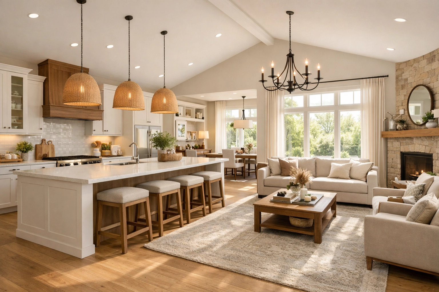 Bright open-concept great room and luxury kitchen in a modern 55 plus home at The Venue at Monroe.