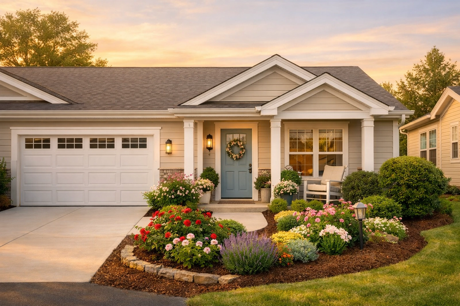 Beautiful 55+ community home exterior with landscaping in Bucks County